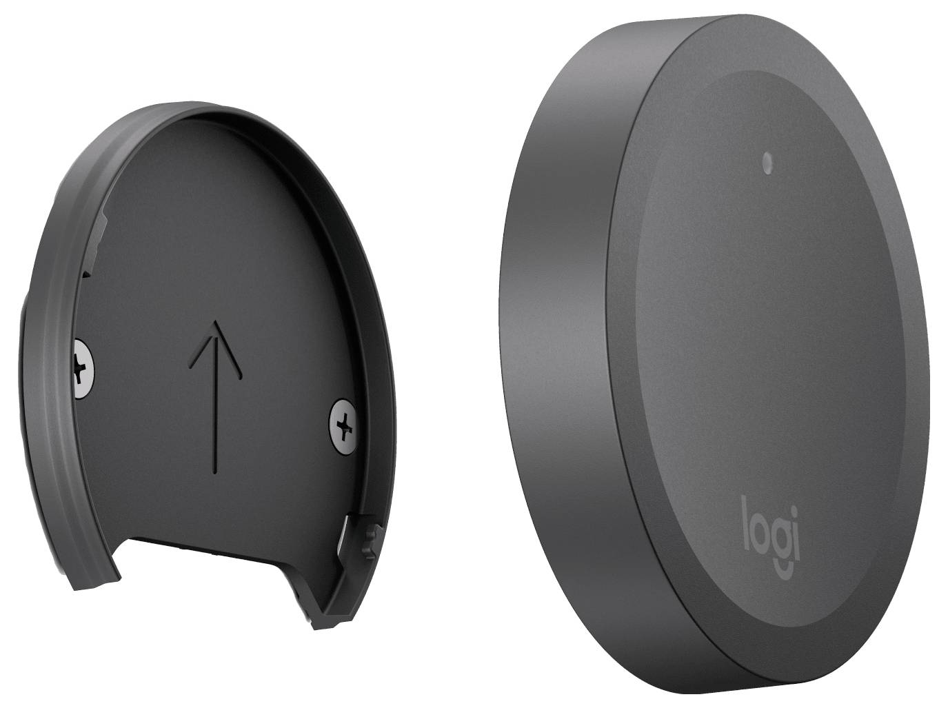 Rundes, dunkelgraues Logi-Gerät, von vorne und von hinten dargestellt, mit einer flachen kreisförmigen Oberfläche und einer Montagenseite mit einem nach oben zeigenden Pfeil.