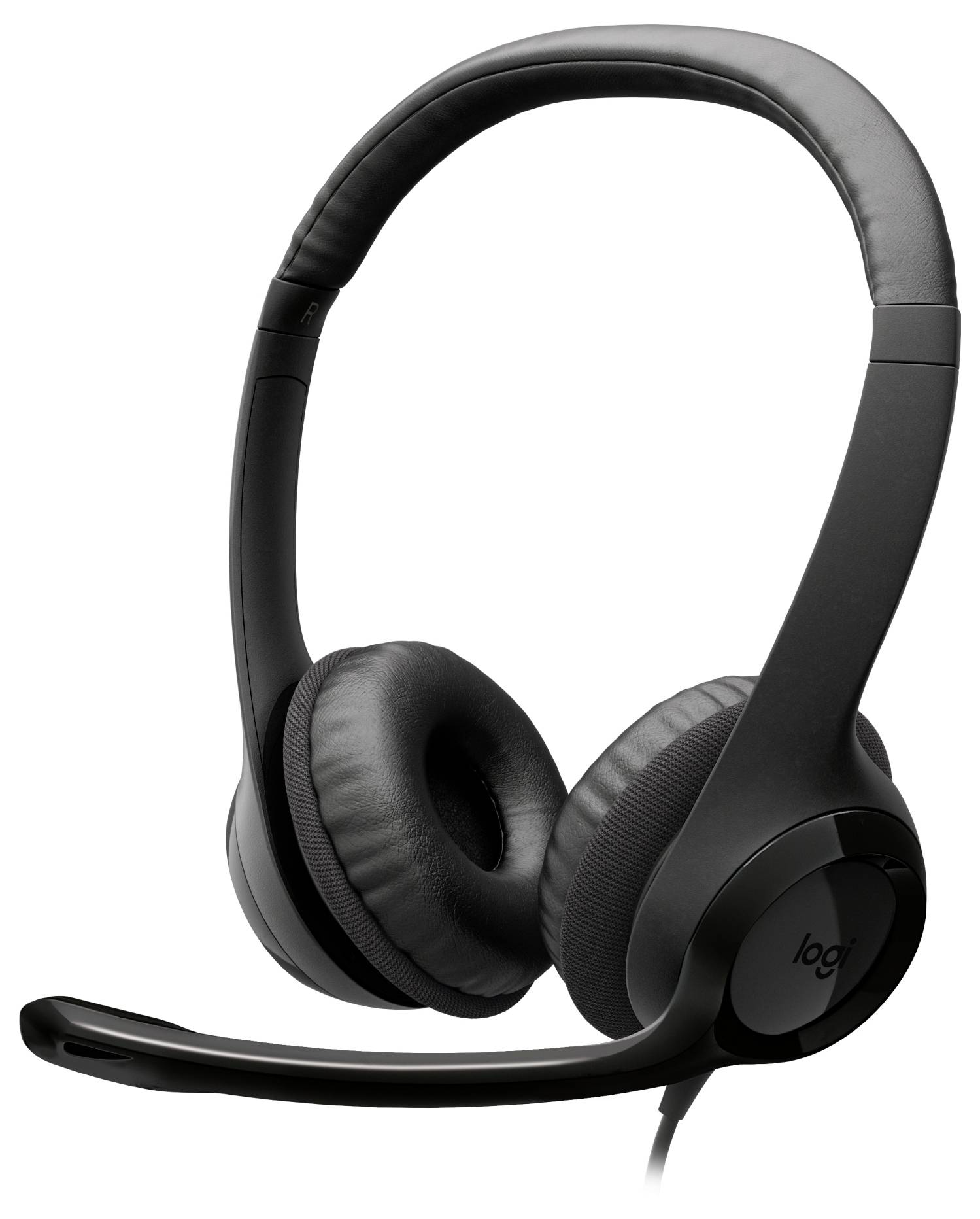 Schwarzes Over-Ear-Kopfhörer-Set mit gepolstertem Kopfbügel und Boom-Mikrofon, gezeigt auf weißem Hintergrund.