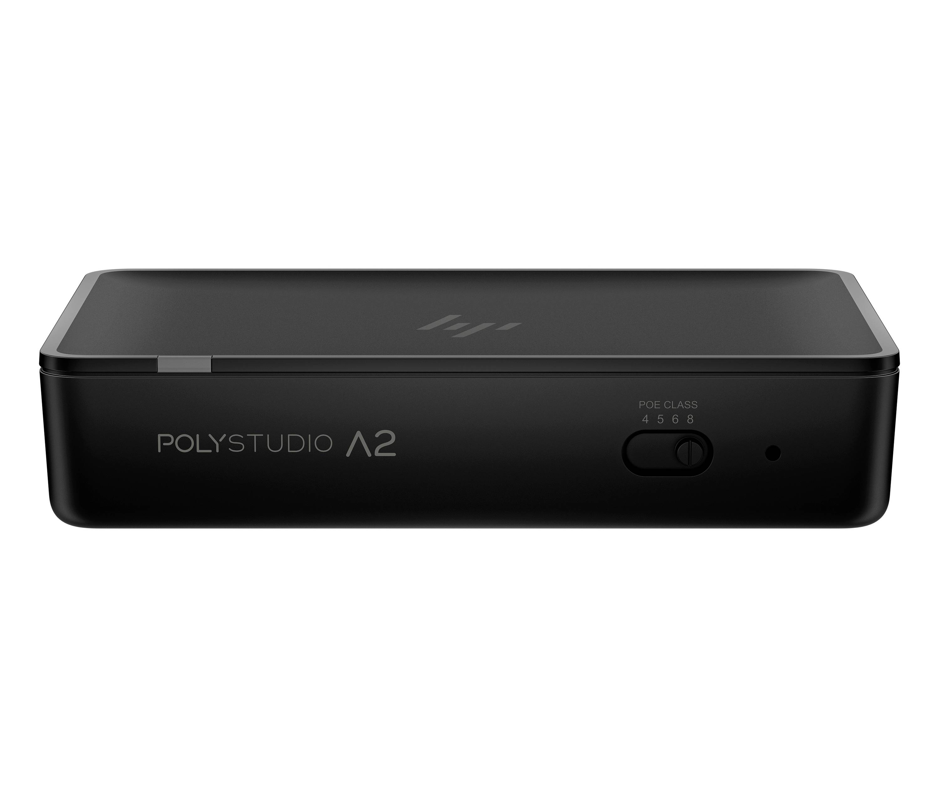 Schwarzer Poly Studio A2 Konferenzlautsprecher mit einem vorderen POE CLASS Wahlschalter und Statusleuchte auf weißem Hintergrund