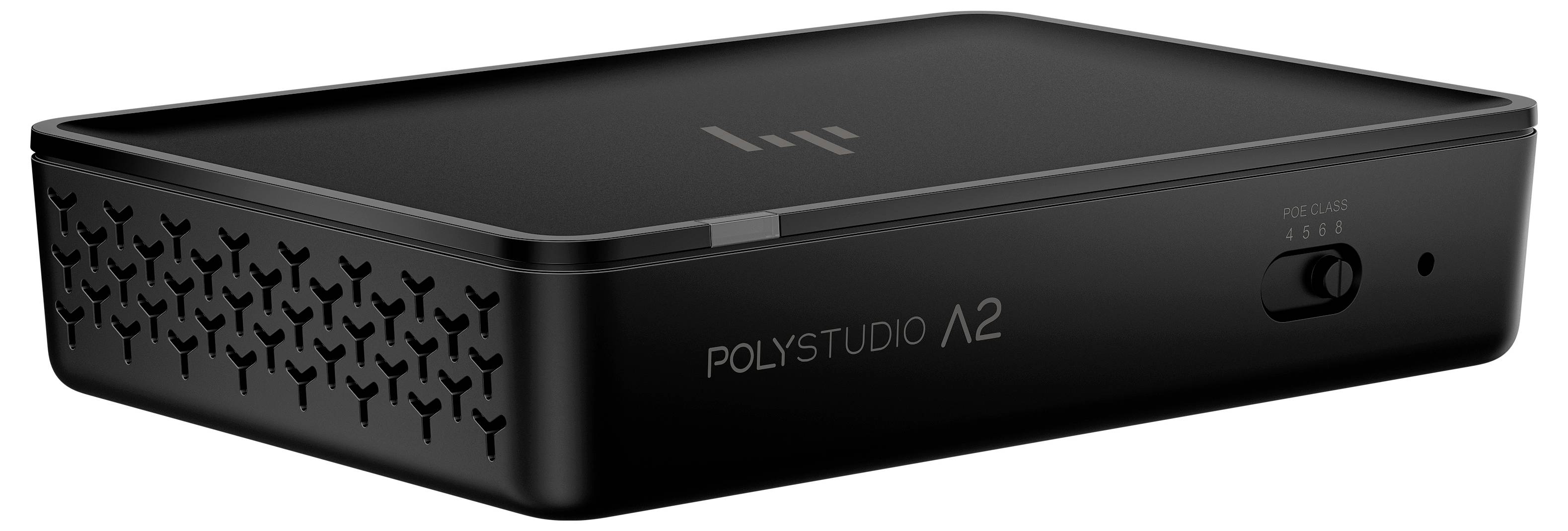 Schwarzes PolyStudio A2-Konferenzgerät mit perforierten Seitenlüftungsschlitzen, vorderer Ein-/Aus-Taste und Logo auf weißem Hintergrund.