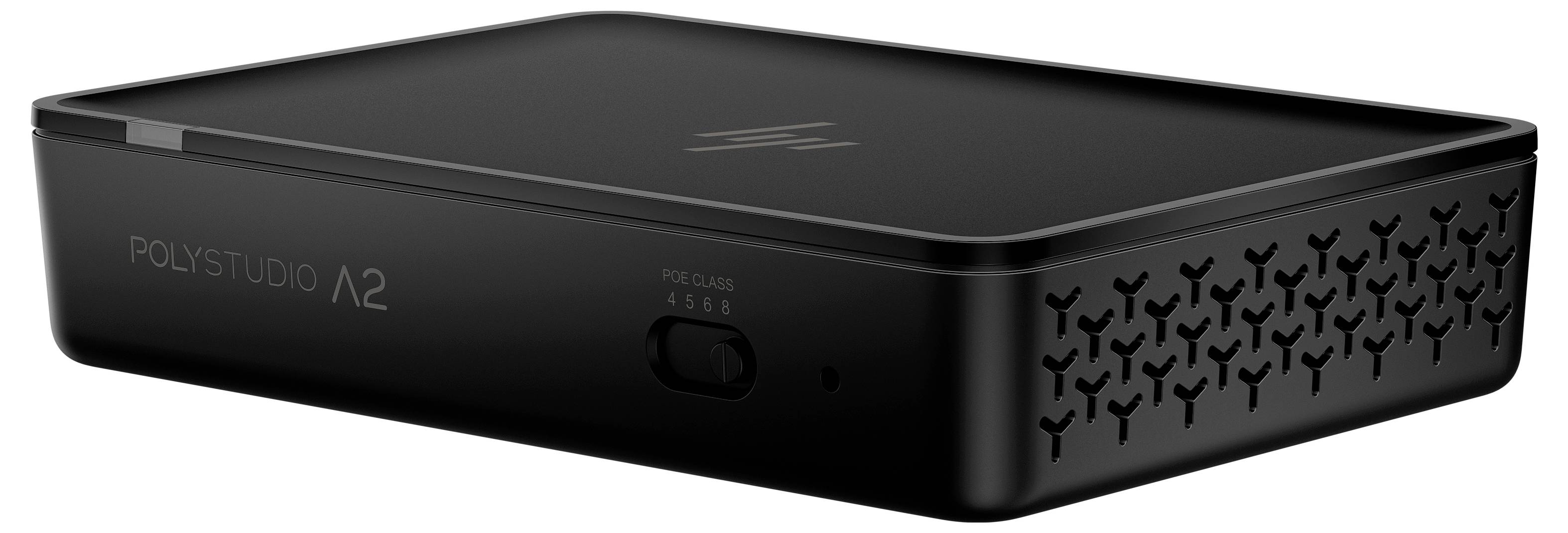Schwarzer Poly Studio A2 Konferenzlautsprechergerät mit vorderer Bedienungsregelung und perforierten Seitenlüftungsöffnungen auf weißem Hintergrund
