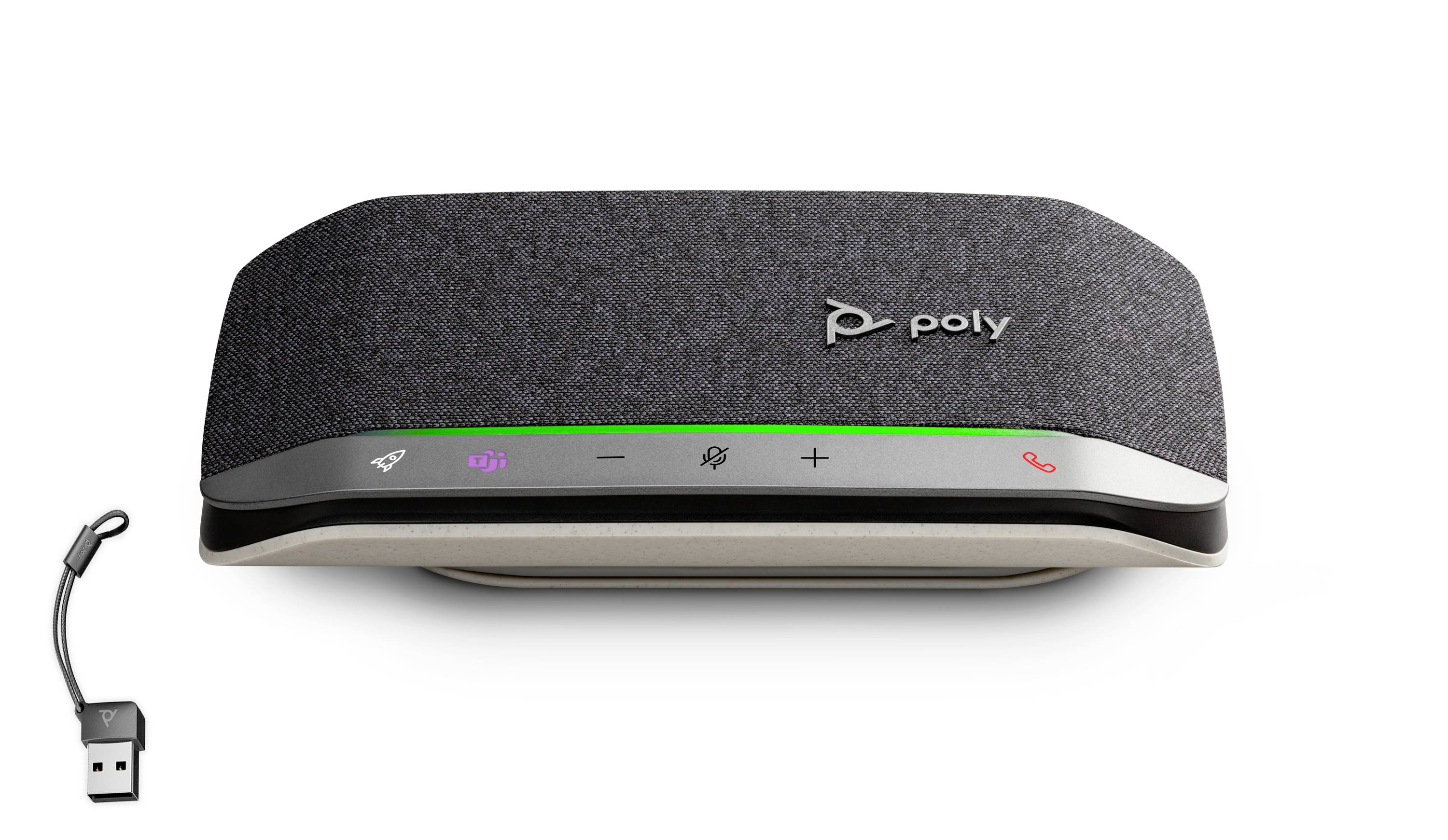 Poly USB-Freisprechanlage mit Stoffoberfläche, Stumm-, Lautstärke- und Anrufsteuerung; USB-Kabel daneben abgebildet.