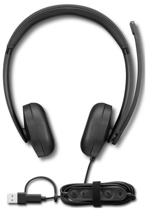 Schwarze Over-Ear-Wireless-Kopfhörer mit eingebautem Mikrofon und Inline-Steuerkabel auf weißem Hintergrund.
