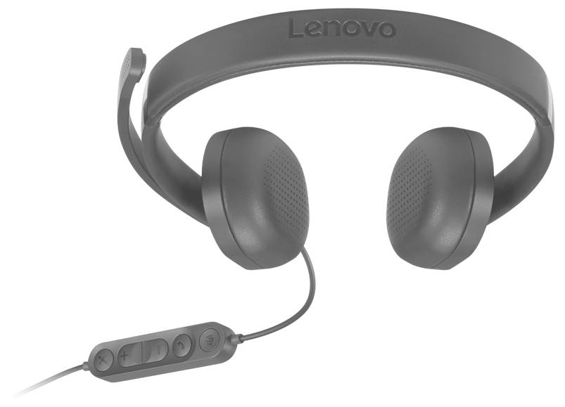 Grauer Lenovo-Überohrkopfhörer mit angebrachtem Inline-Mikrofon und Steuertasten auf weißem Hintergrund.