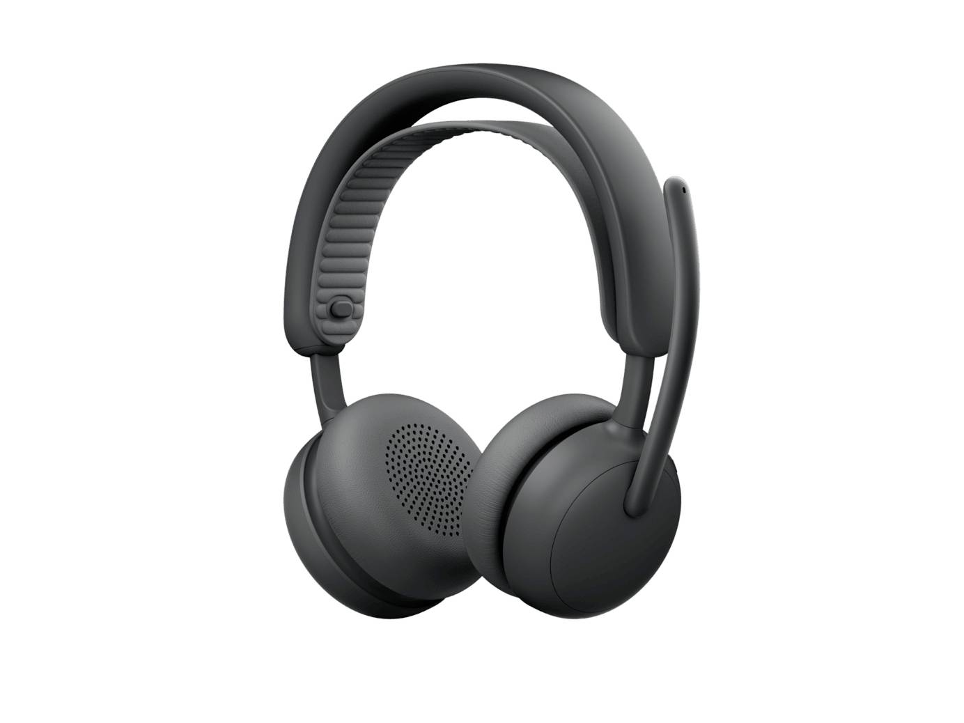 Schwarzes Over-Ear-Wireless-Headset mit gepolstertem Kopfbügel und Boom-Mikrofon auf weißem Hintergrund