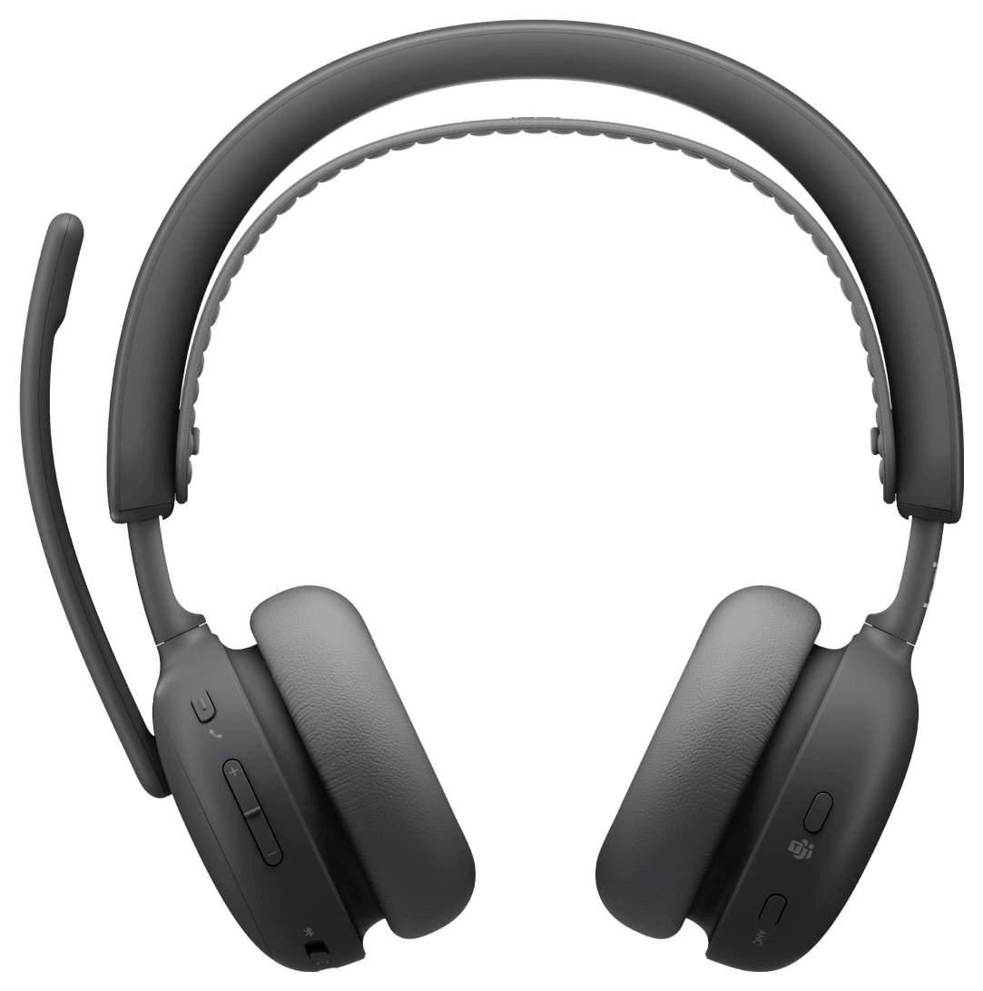 Schwarzes Over-Ear-Wireless-Headset mit gepolsterten Ohrmuscheln und Boom-Mikrofon, Vorderansicht auf weißem Hintergrund.