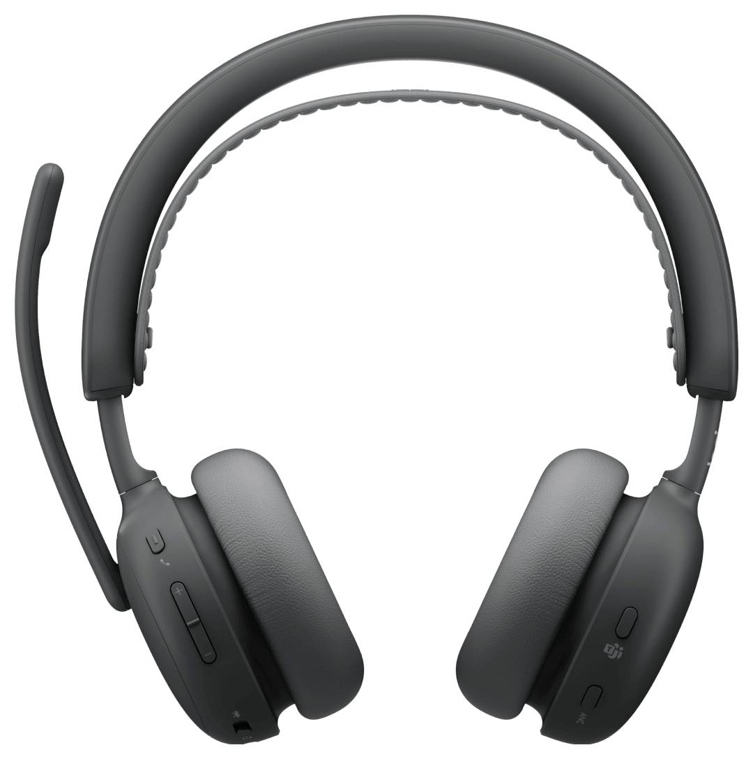 Schwarzes Over-Ear-Wireless-Headset mit gepolsterten Ohrmuscheln, verstellbarem Kopfbügel und Boom-Mikrofon auf der linken Seite