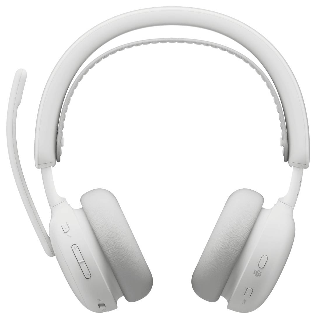 Weißes Over-Ear-Wireless-Headset mit Boom-Mikrofon und gepolsterten Ohrmuscheln, gezeigt auf einem schlichten weißen Hintergrund.