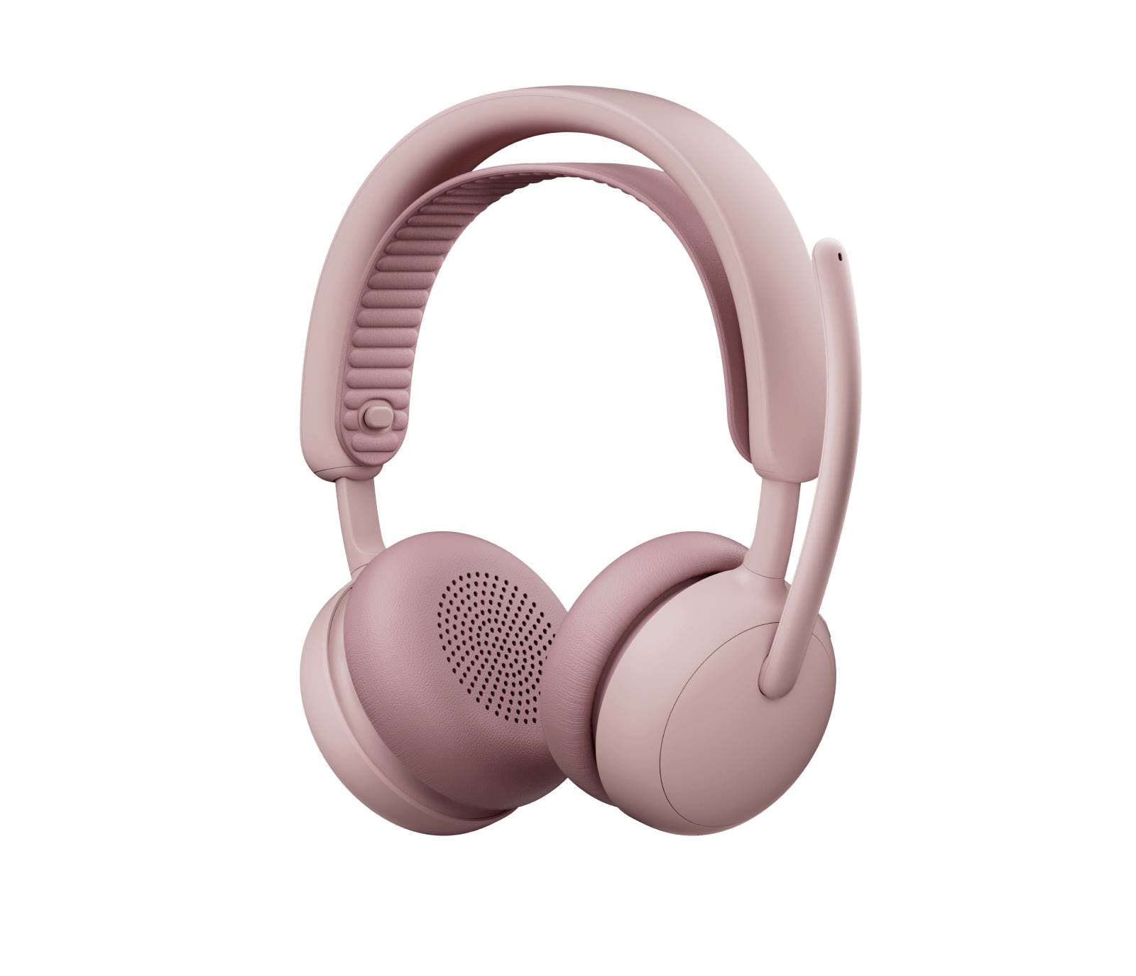 Rosa Over-Ear-Kopfhörer mit Bluetooth auf weißem Hintergrund, Frontansicht.