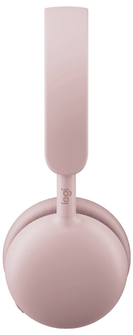 Rosa Logitech Over-Ear-Kopfhörer mit vertikalem Mikrofonausleger und rundem Ohrpolster, auf weißem Hintergrund dargestellt.