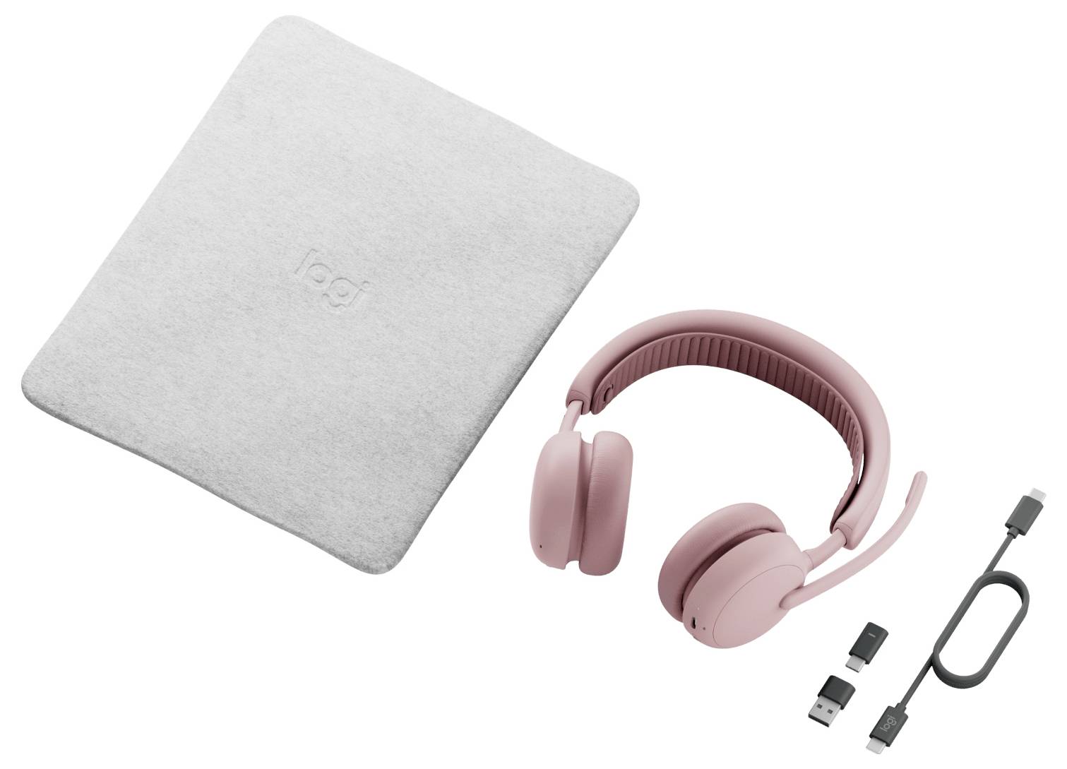 Rosa Over-Ear-Kopfhörer mit USB-C-Kabel und Adapter neben einer grauen Schutztasche, dargestellt als Produktset auf weißem Hintergrund.