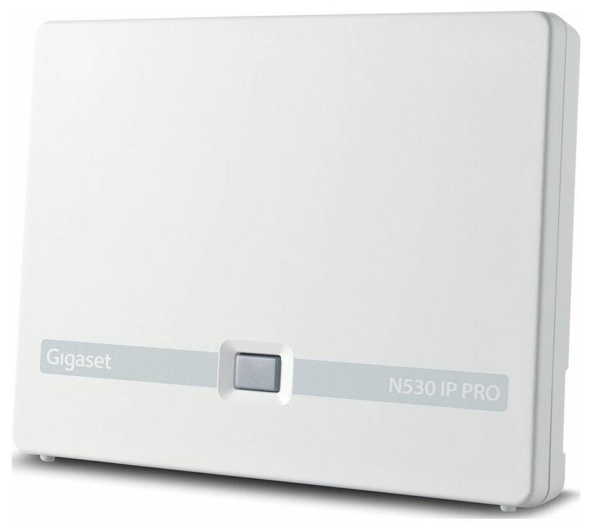 Weiße Gigaset N530 IP PRO Basisstation mit einer zentralen Taste auf der Frontplatte.