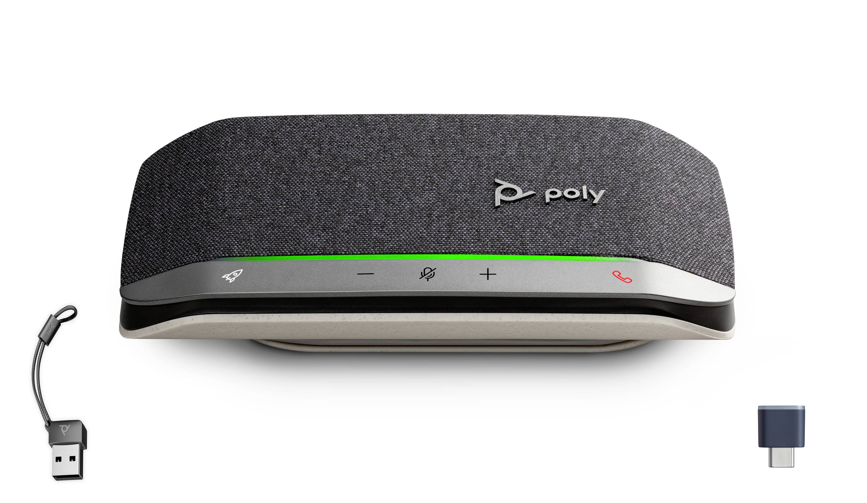 Poly-Freisprechanlage mit Mikrofonstummschaltung und Lautstärkereglern, zeigt enthaltendes USB-A-Kabel und USB-C-Adapter auf weißem Hintergrund.