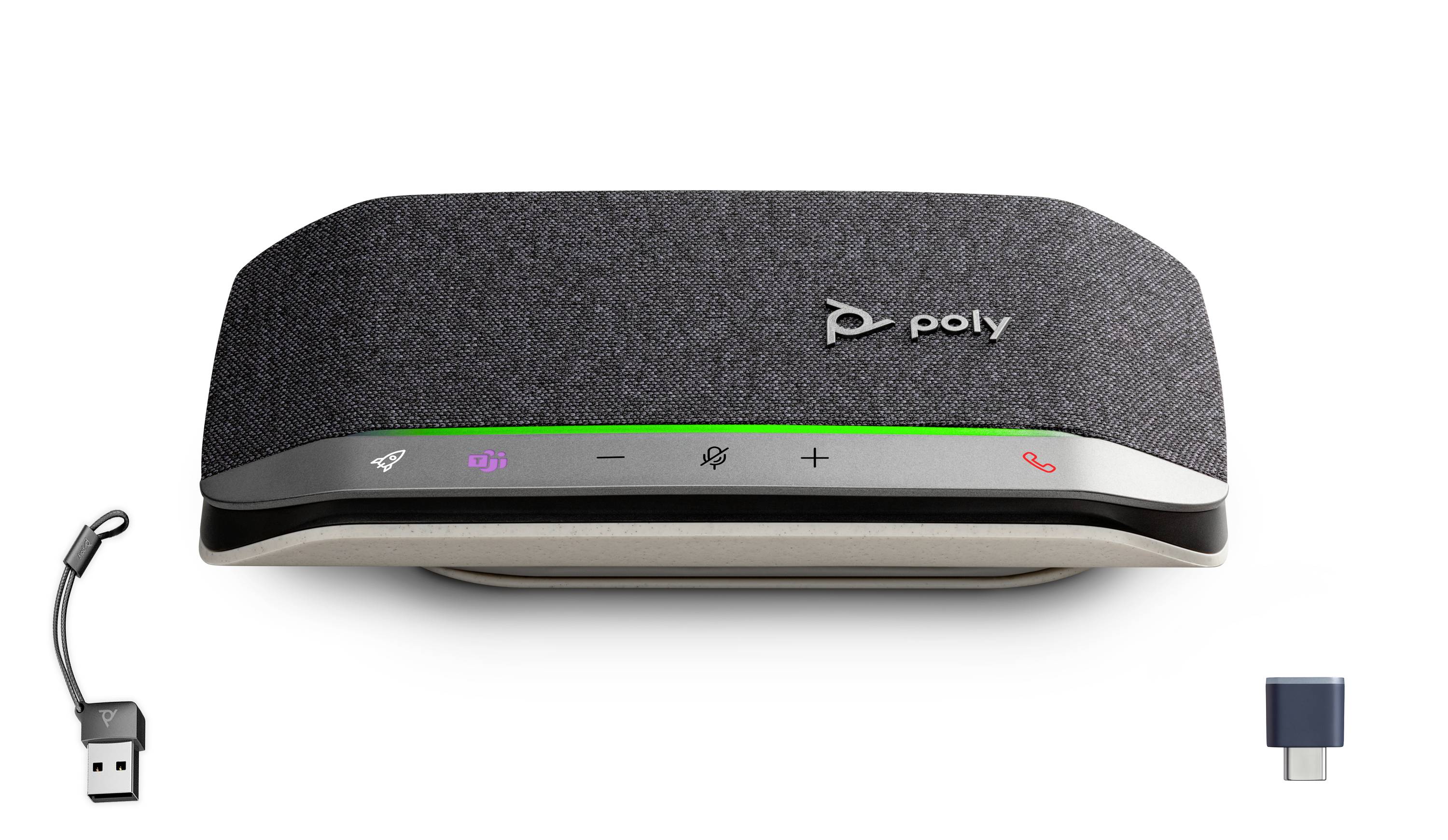 Poly-Freisprecheinrichtung mit Stoffoberfläche und Touch-Steuerungen, gezeigt mit USB-A-Kabel auf der linken Seite und USB-C-Adapter auf der rechten Seite.