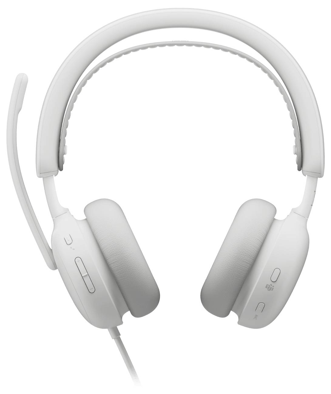 Weiße Over-Ear-Kopfhörer mit Kabel, gepolsterten Ohrmuscheln, verstellbarem Kopfbügel und Inline-Bedienelemente an der linken Ohrmuschel, dargestellt vor einem einfachen Hintergrund.