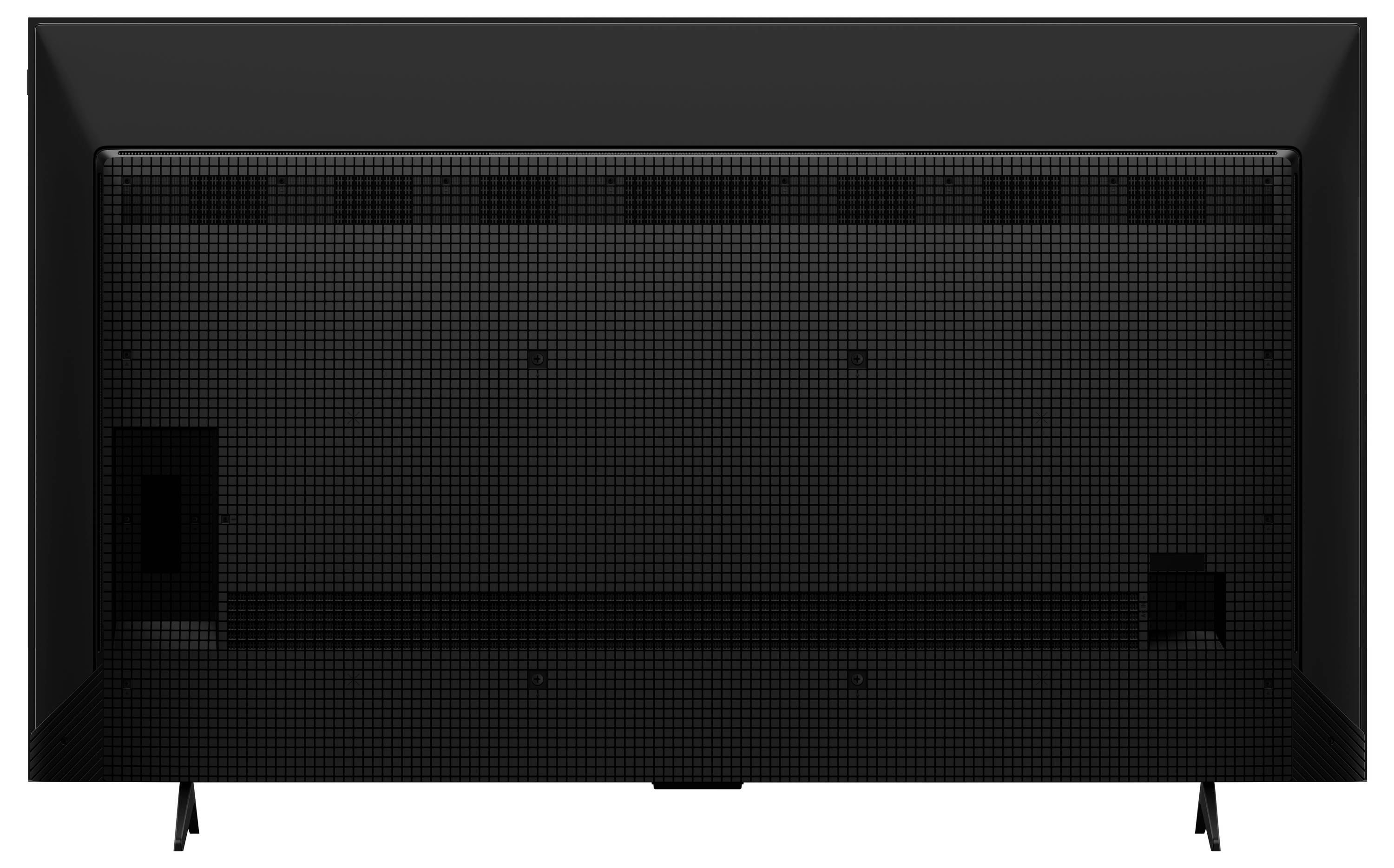 Das Bild zeigt die Rückansicht eines schwarzen Flachbildfernsehers mit sichtbaren Befestigungspunkten und Lüftungsgittern.