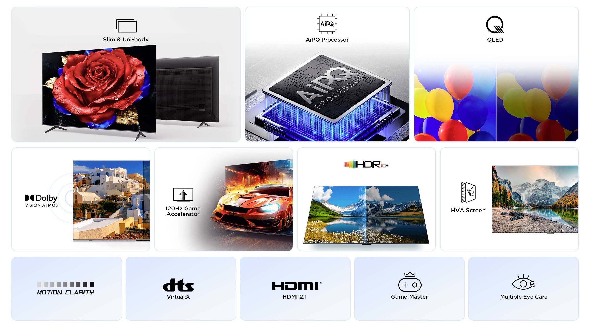 Bild zeigt TV-Funktionen: schlankes Design, AI-Prozessor, QLED, Dolby Vision, 120Hz-Spiel-Beschleuniger, HDR10+, HVA-Bildschirm und HDMI 2.1.