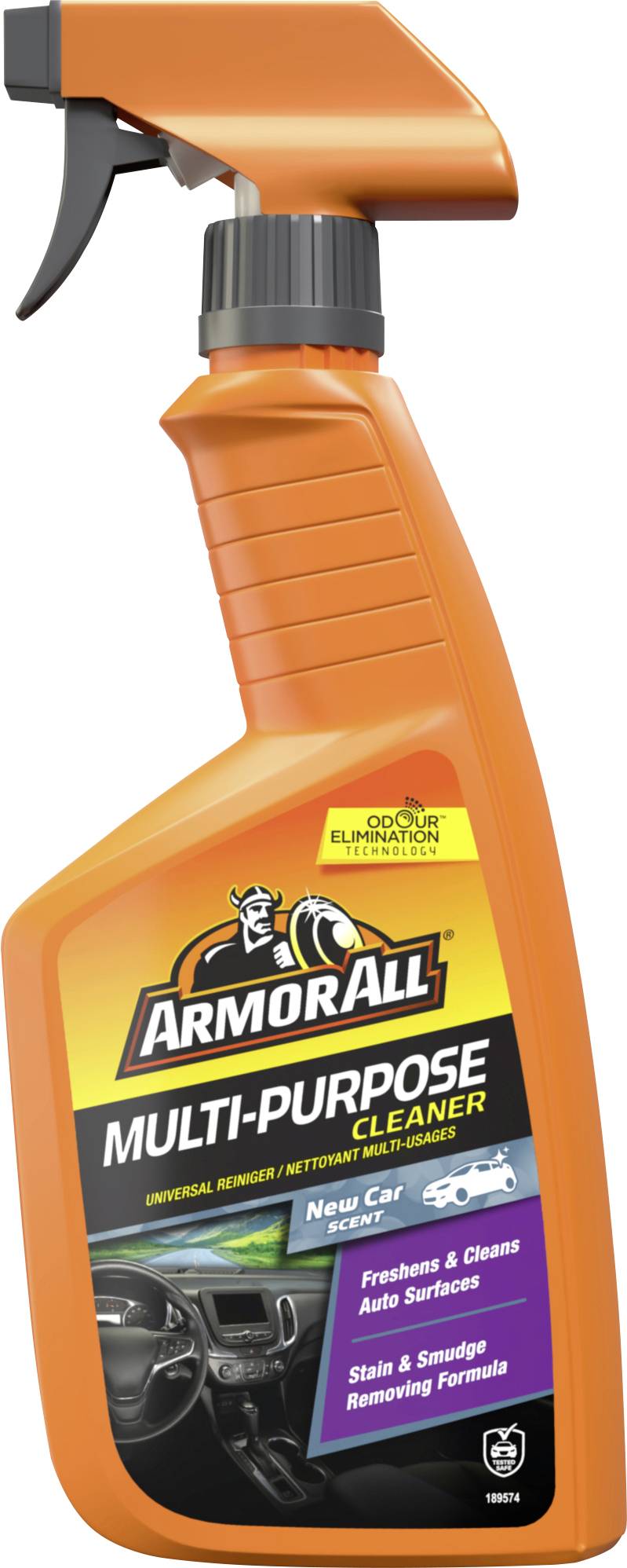 Sprühflasche mit Armor All Mehrzweckreiniger, mit Text, das seine Verwendung zum Reinigen von Autoflächen bewirbt, mit einem Duft mit der Bezeichnung „Neuer Autogenuch