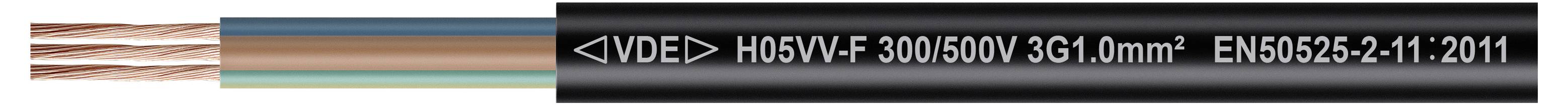 Querschnitt eines dreiaderigen Elektrokabels mit Kupferleitern und Isolierung, gekennzeichnet H05VV-F 300/500V 3G1,0mm² EN50525-2-11:2011.