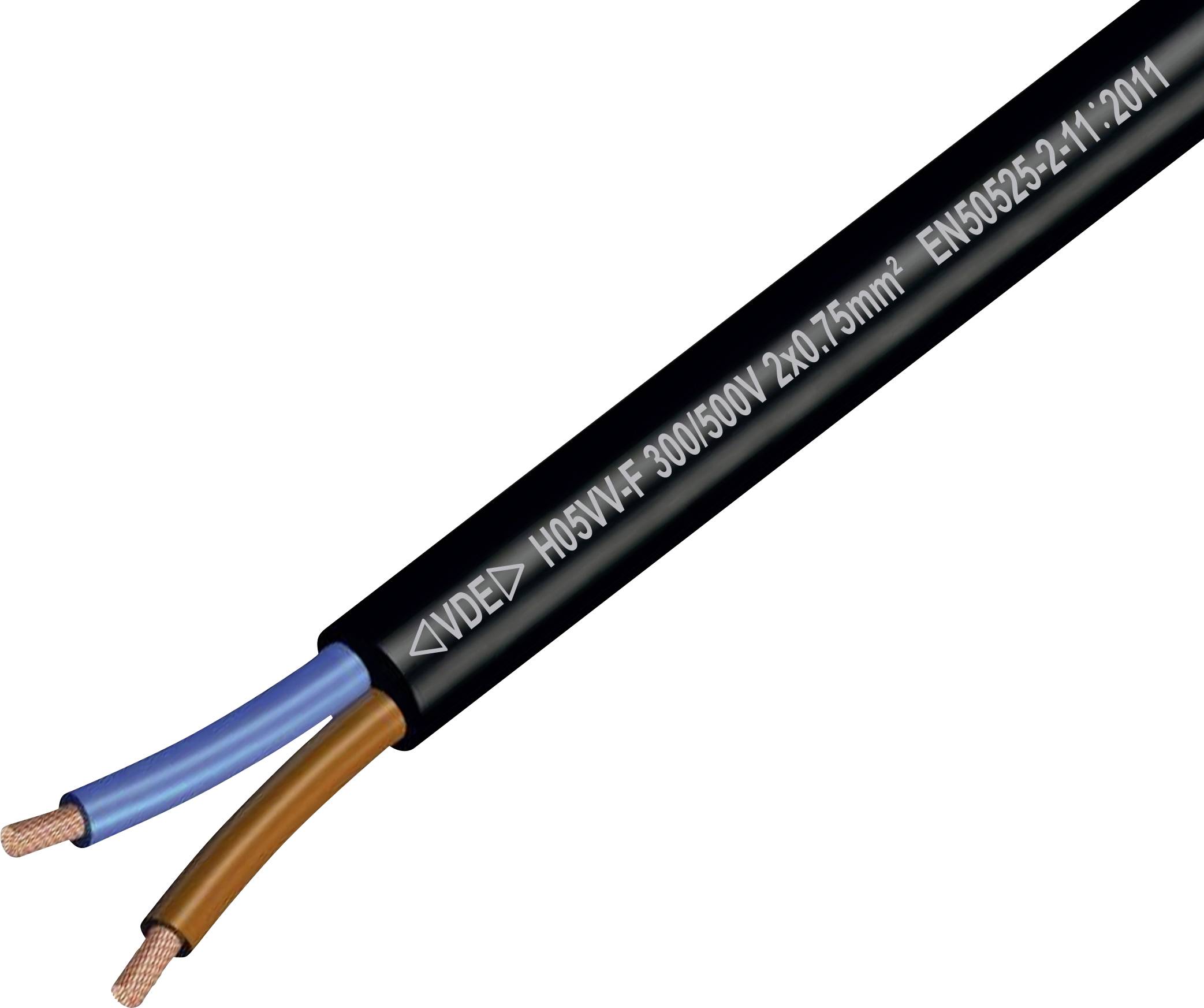 Nahaufnahme eines schwarzen Elektrokabels mit zwei freiliegenden Kupferdrähten, blau und braun isolierten Leitern und aufgedruckten Spezifikationen auf der Ummantelung.
