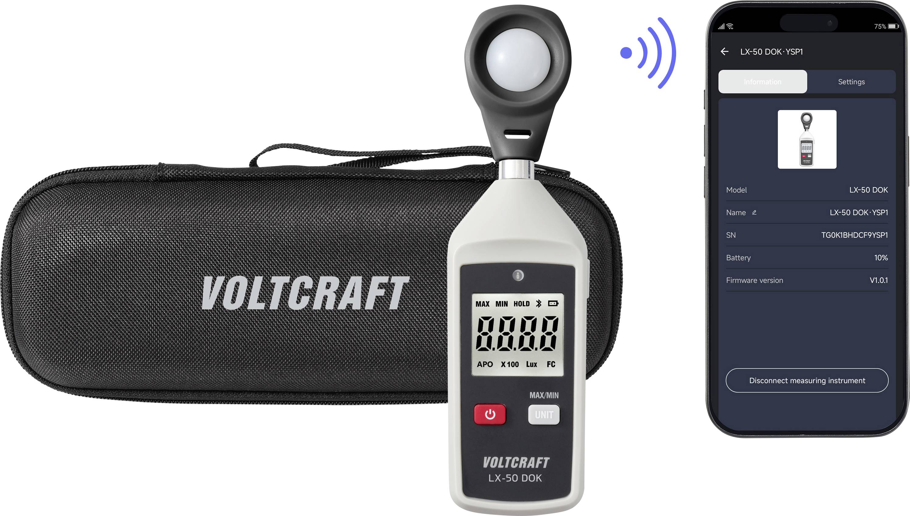 Voltcraft Lichtstärkemessgerät-Set mit Transporttasche, tragbarem Sensor und Smartphone-App mit angezeigtem verbundenem Messinstrument.