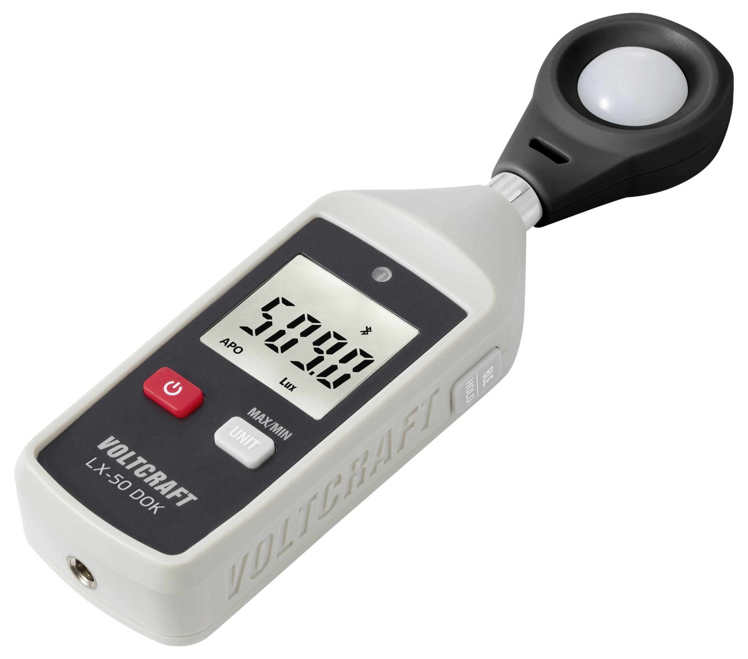 Tragbares Voltcraft LX-50 DDK Luxmeter mit digitaler Anzeige, die 5000 anzeigt, und einem Sensorkopf auf weißem Hintergrund