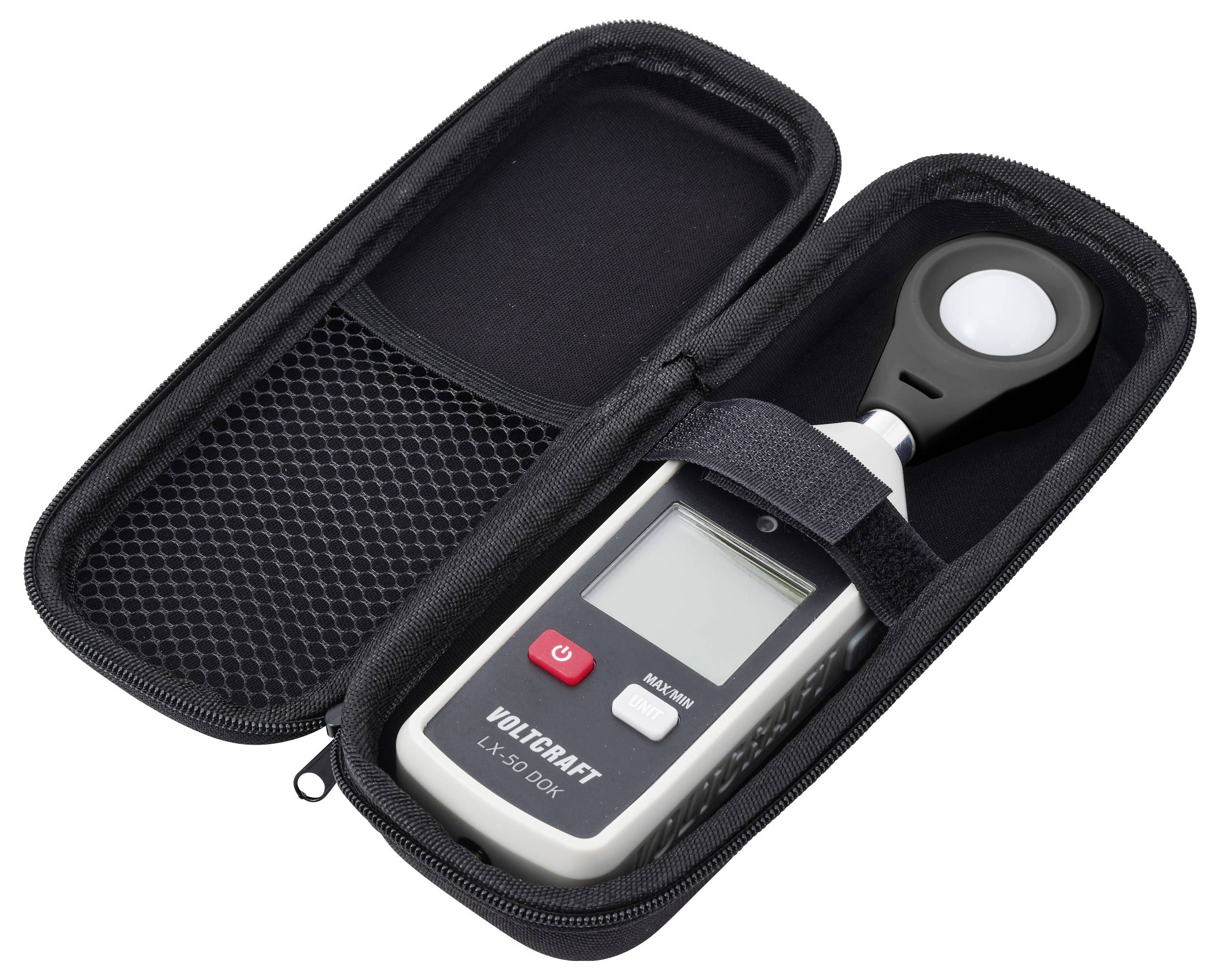 Offener schwarzer Tragekoffer mit einem Voltcraft LX-50 DOK Luxmeter mit Sensor und LC-Display