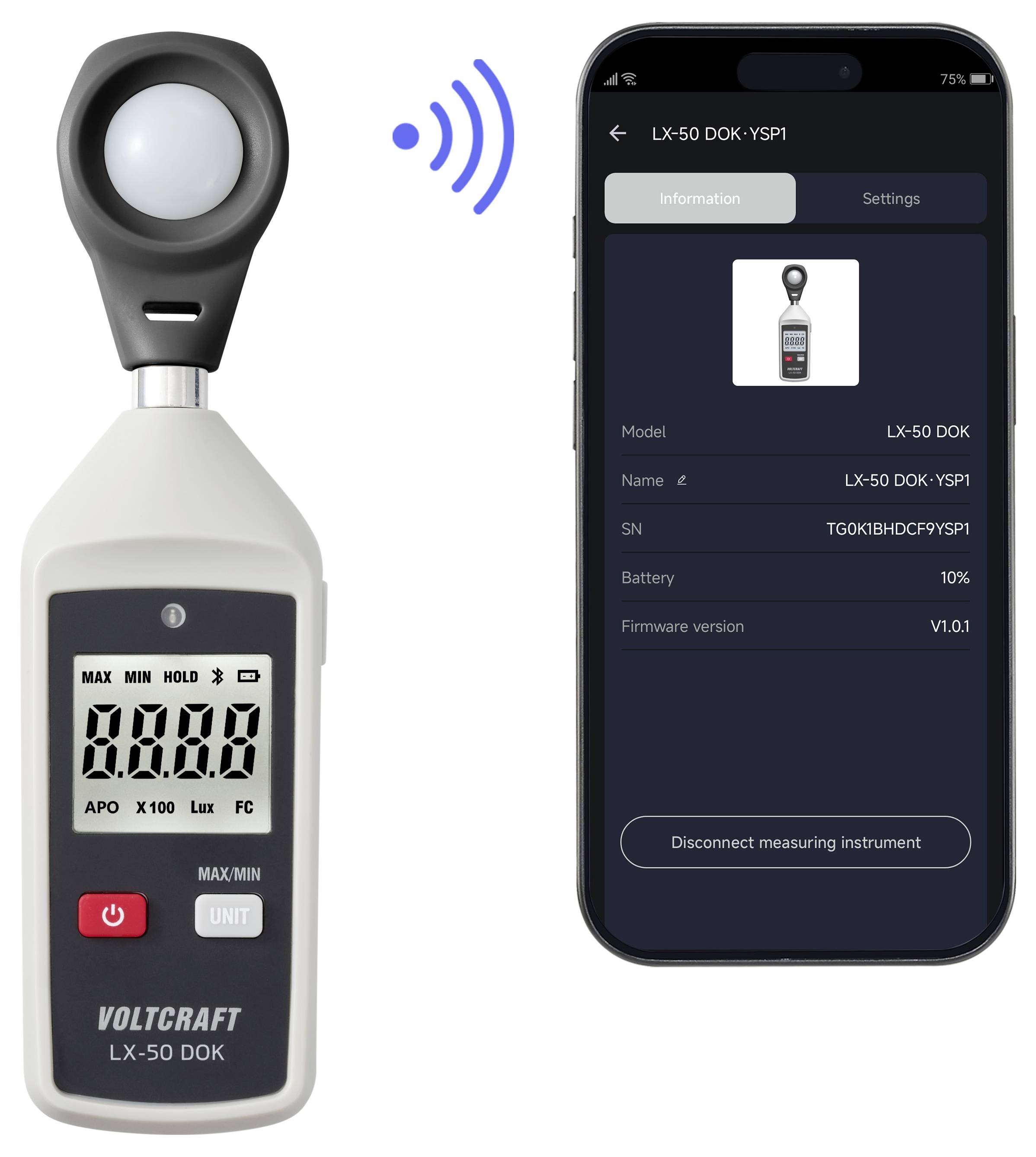 Tragbares Luxmeter mit Sensorkopf und digitaler Anzeige, daneben ein Smartphone-App-Bildschirm, der mit dem Gerät LX-50 DOK verbunden ist.
