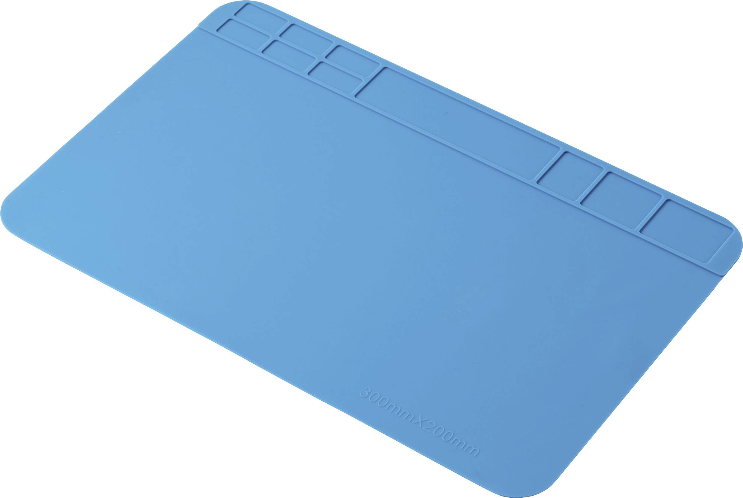Blaue Silikon-Arbeitsmatte mit erhabenen Fächern und abgeschrägter Kante, auf weißem Hintergrund dargestellt.