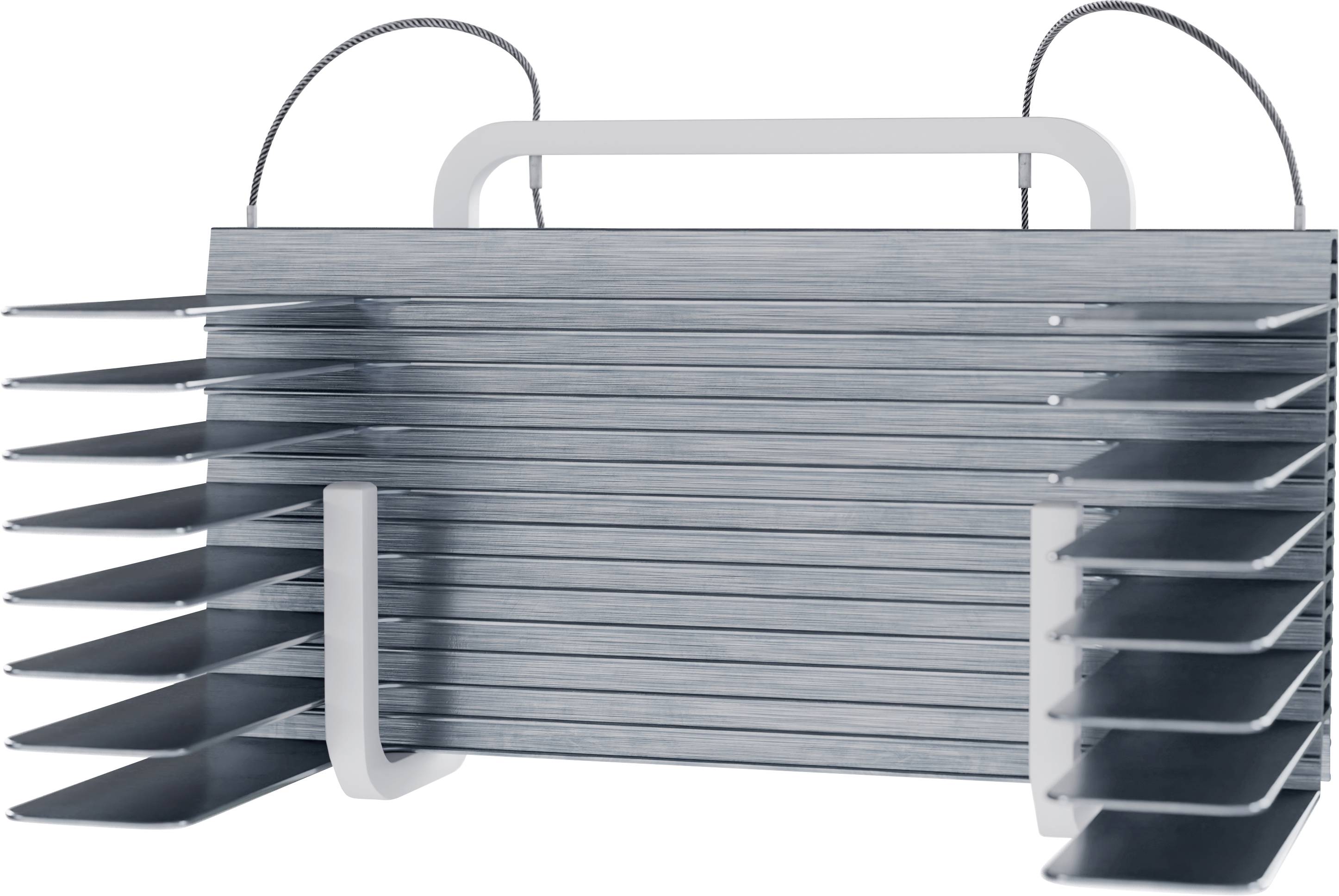 Ein Metallaktenhalter mit horizontalen Schlitzen und einem Griff, entworfen zur effizienten Organisation und Speicherung von Dokumenten.
