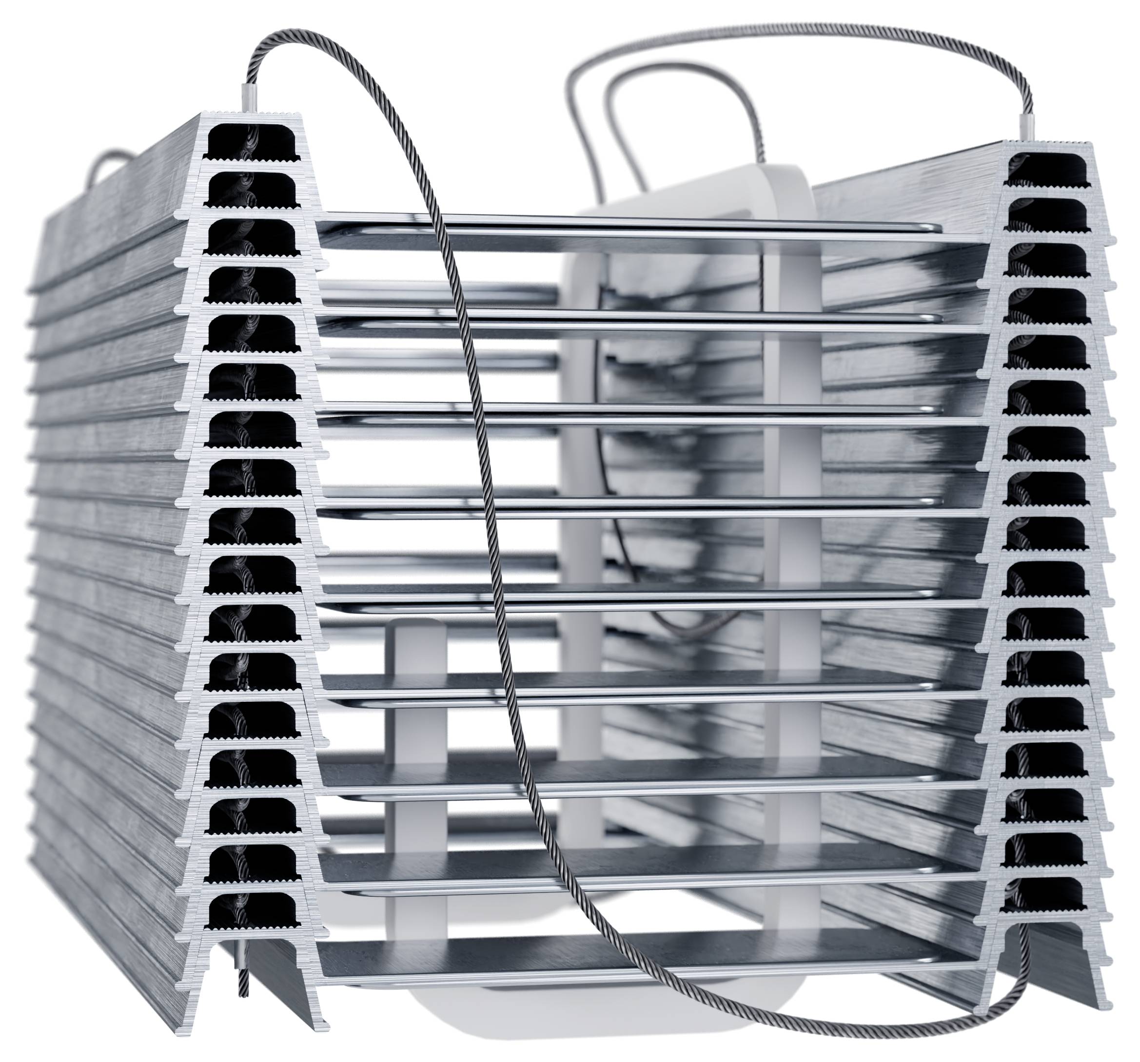 Ein Stapel von metallischen Kühlkörperrippen mit zwei glatten, gekrümmten Drähten, die sich um die Struktur herum und durch sie hindurch schlängeln.