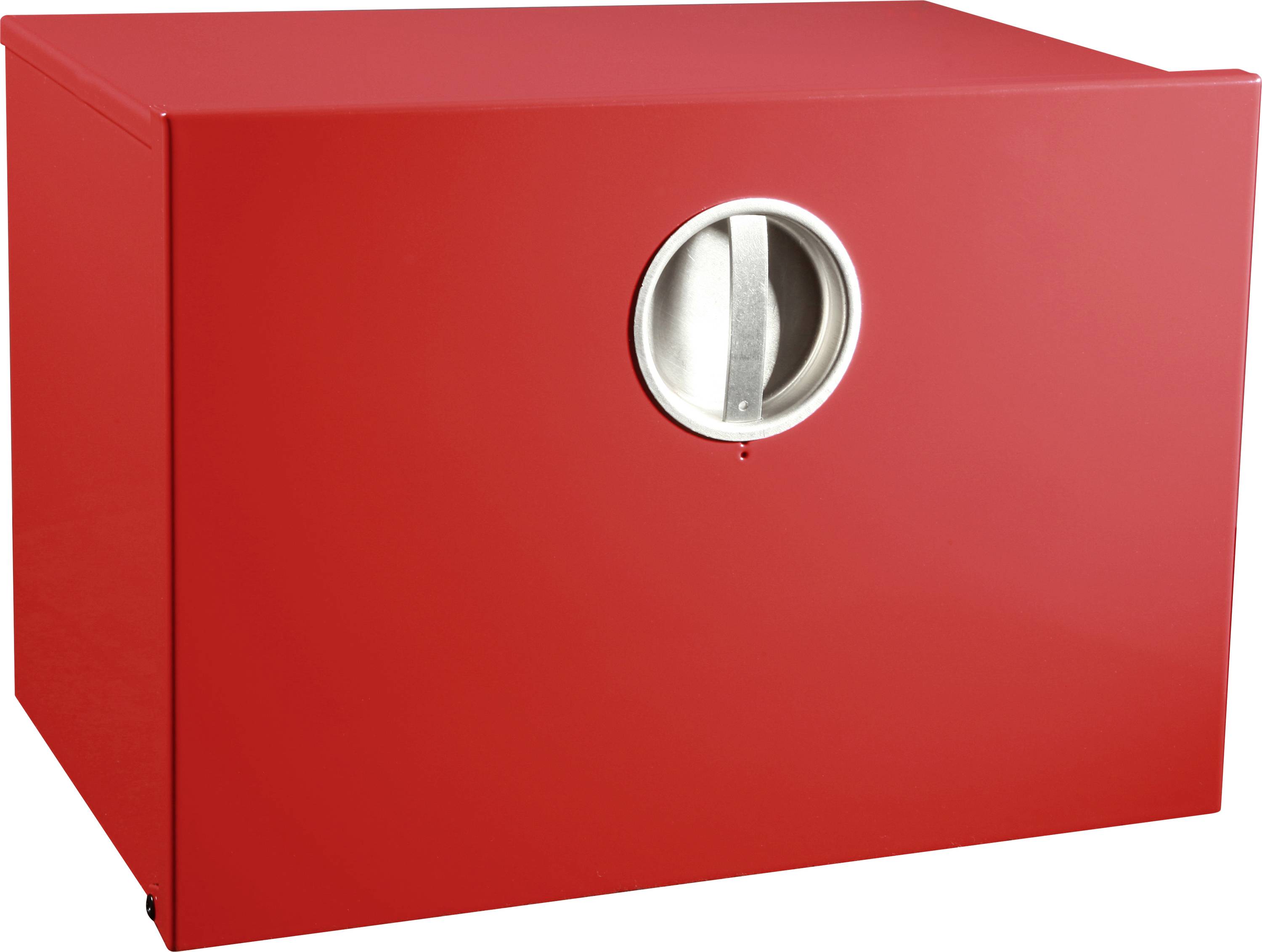 Eine rote Notfallbox mit einem kreisförmigen Griff, mit dem Etikett 