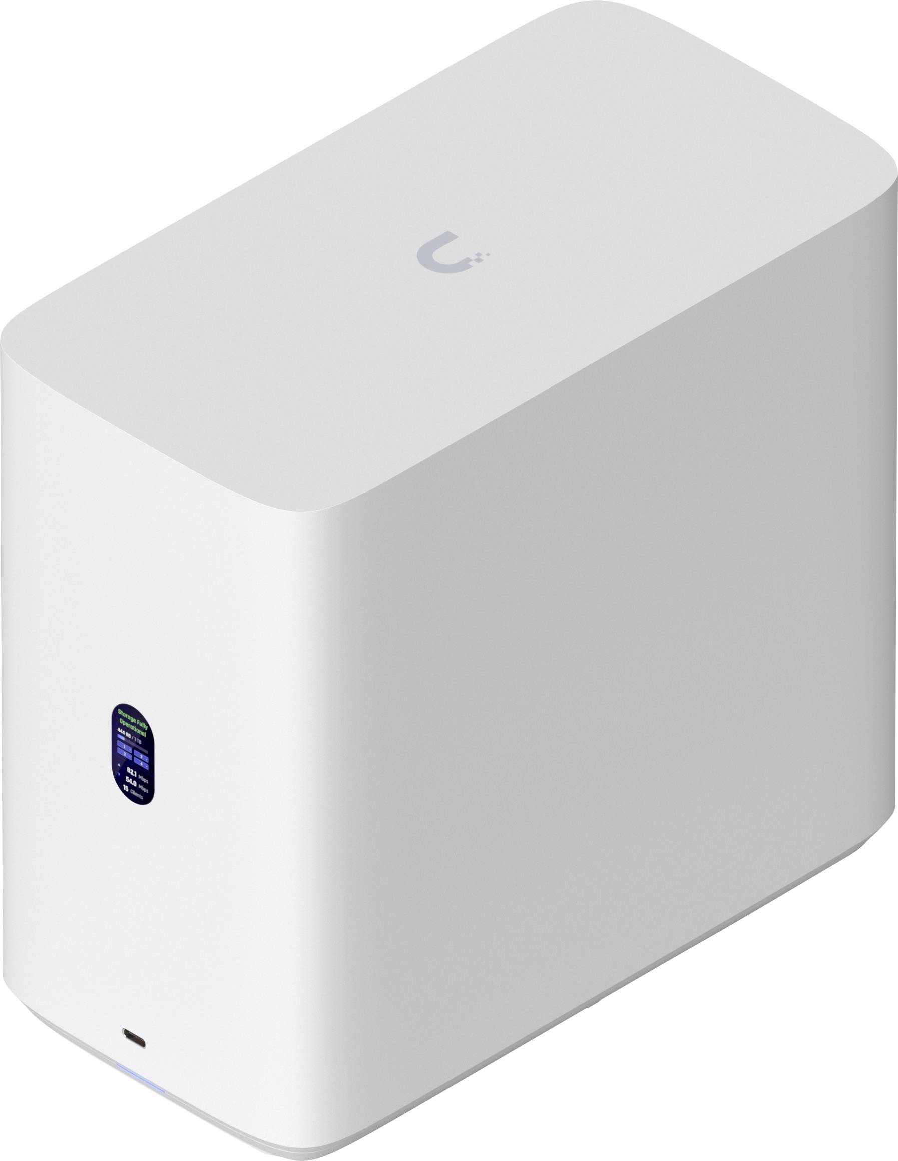 Ein rechteckiges weißes elektronisches Gerät mit abgerundeten Kanten, das auf einer Seite ein kleines LED-Display aufweist.