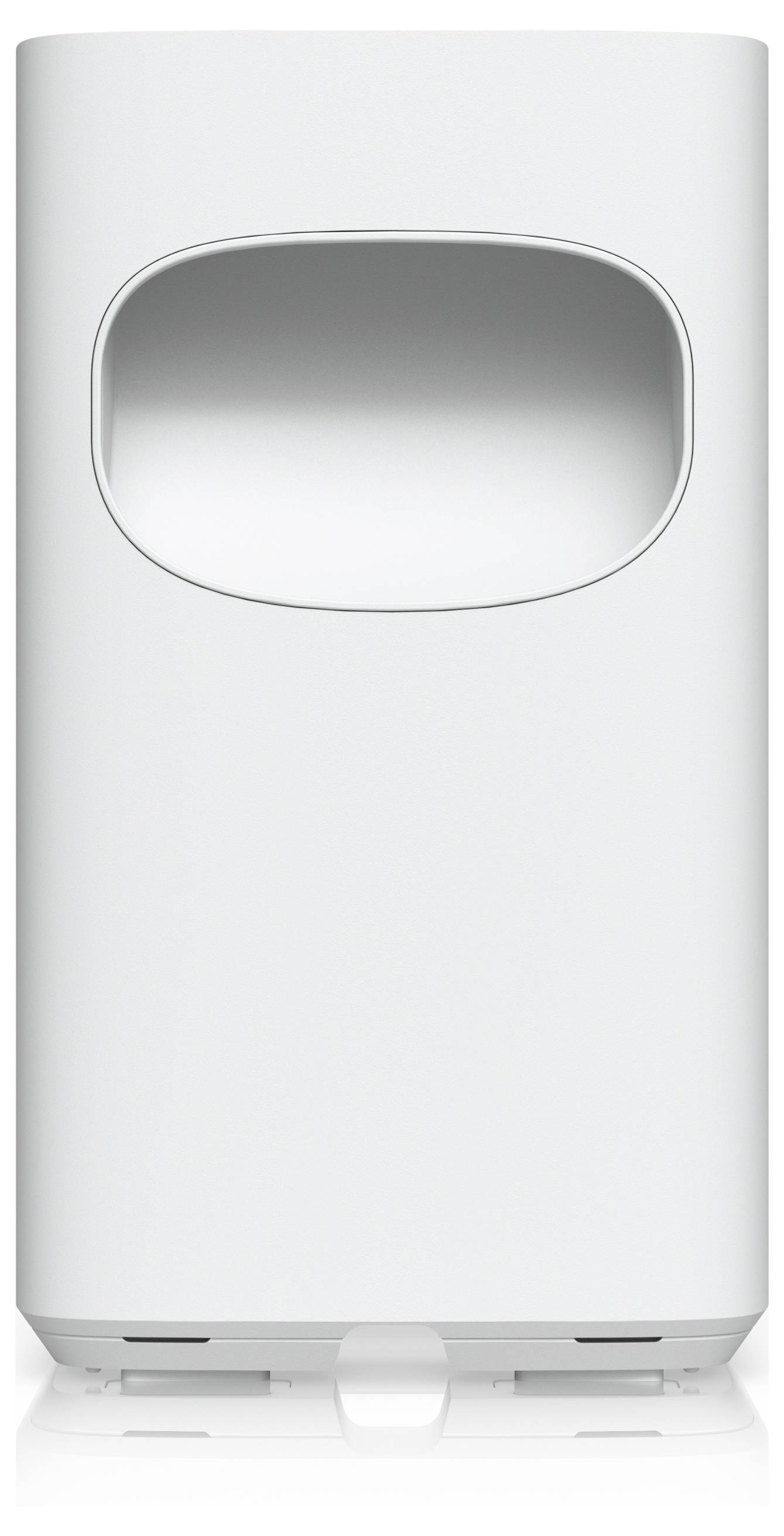 Weißer automatischer Händetrockner mit glattem, modernem Design und einem offenen, abgerundeten Trocknungsbereich oben.