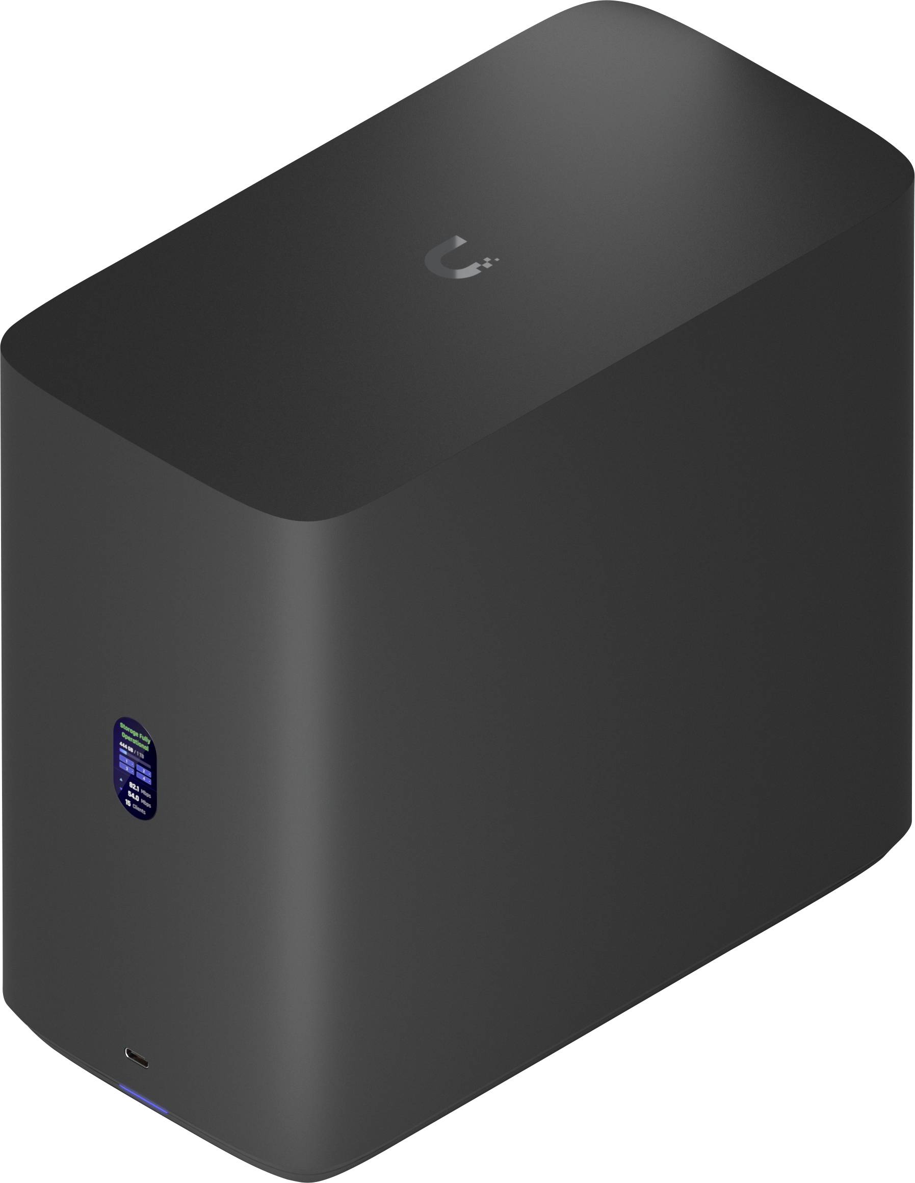 Ein schlankes, schwarzes elektronisches Gerät mit einem kleinen digitalen Display, vor einem einfachen Hintergrund.