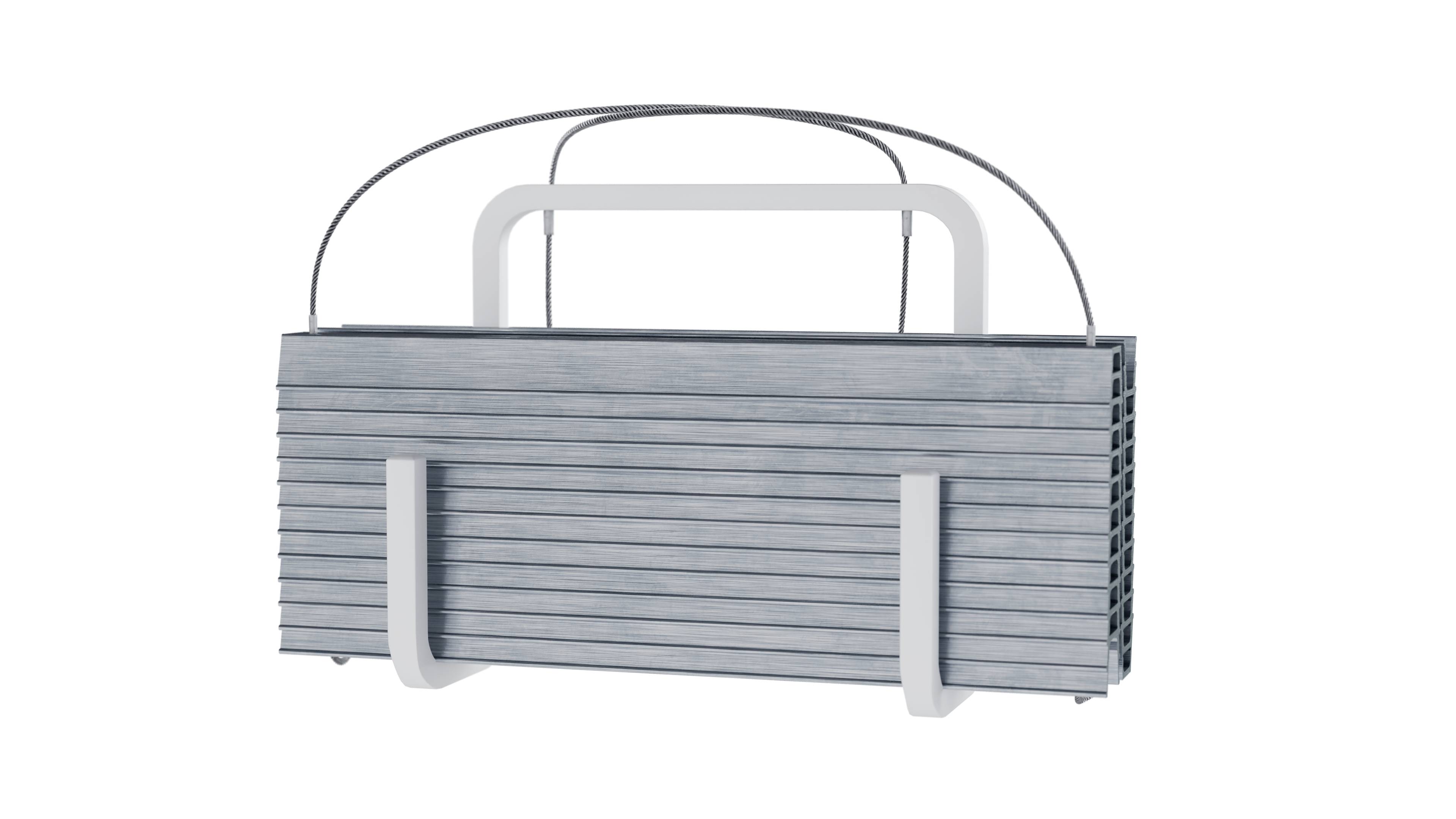 Ein moderner, rechteckiger grau wandmontierter Heizkörper mit horizontalen Lamellen und einem minimalistischen Design.