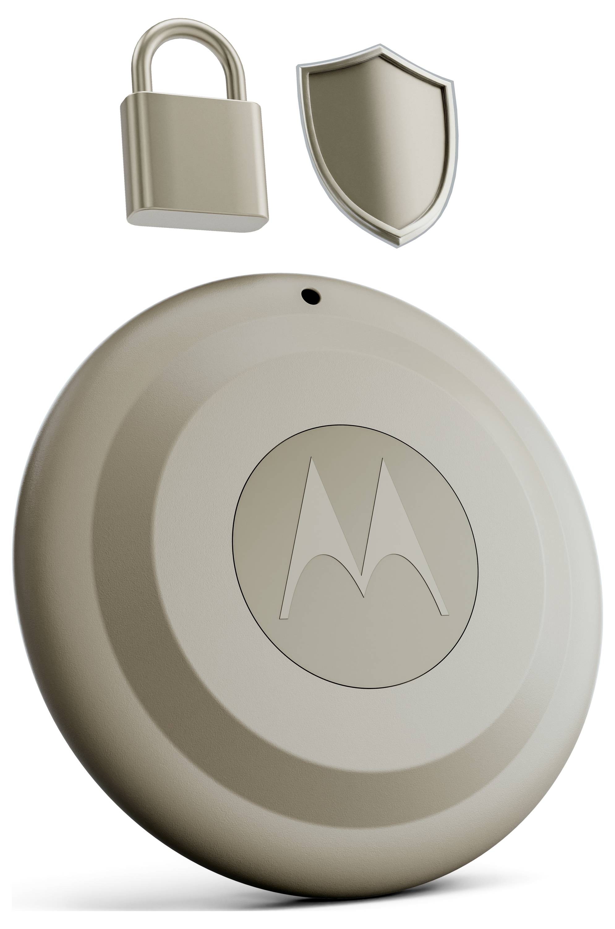 Ein rundes, beiges Sicherheitsetikett mit Logo, begleitet von Vorhängeschloss- und Schildsymbolen oben, was auf Sicherheitsmerkmale hindeutet.