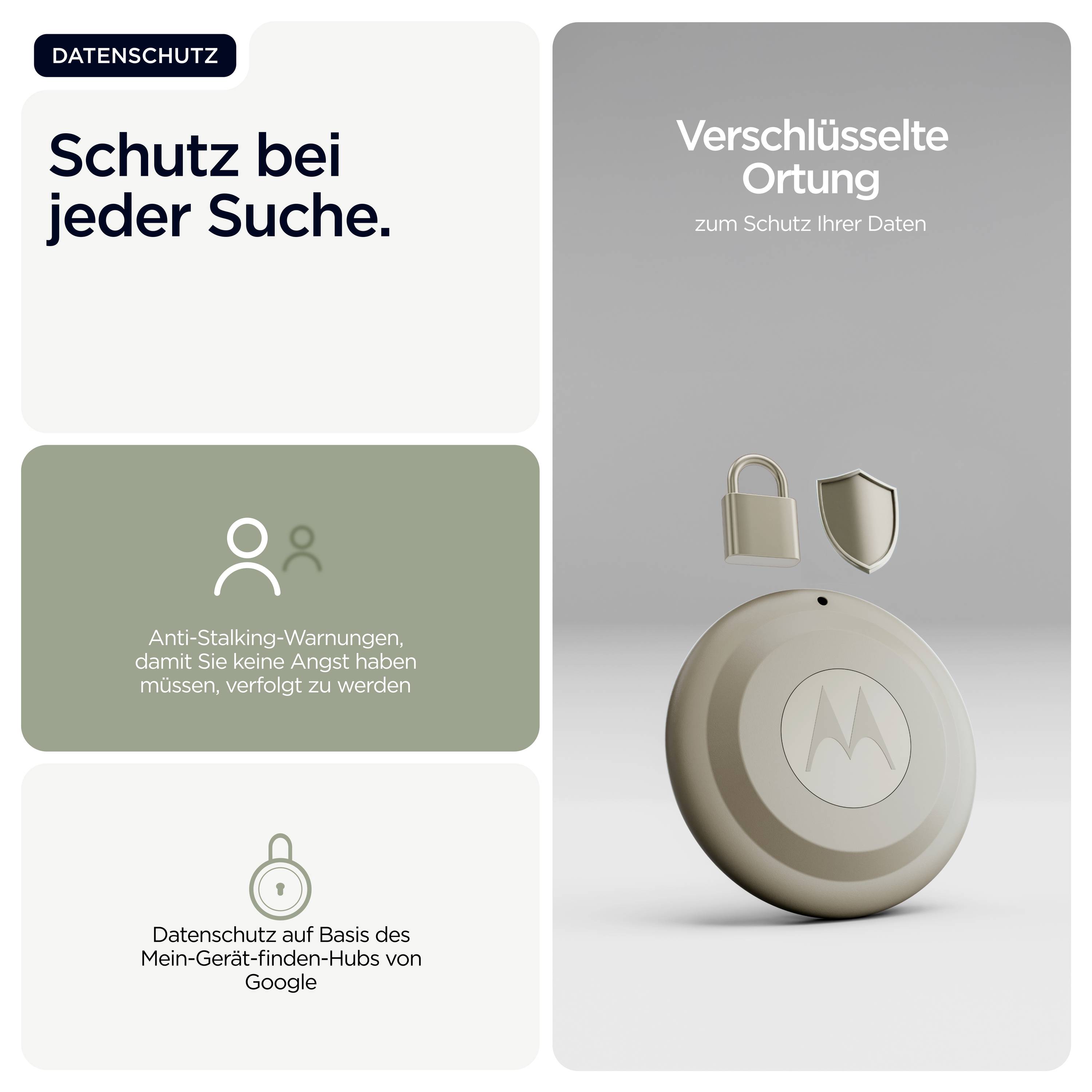 Intelligenter Tracker mit Vorhängeschloss- und Schildsymbolen, die verschlüsselte Standorte und Anti-Stalking-Warnungen für den Datenschutz hervorheben. Deutscher Text unterstreicht den Datenschutz bei Suchanfragen.