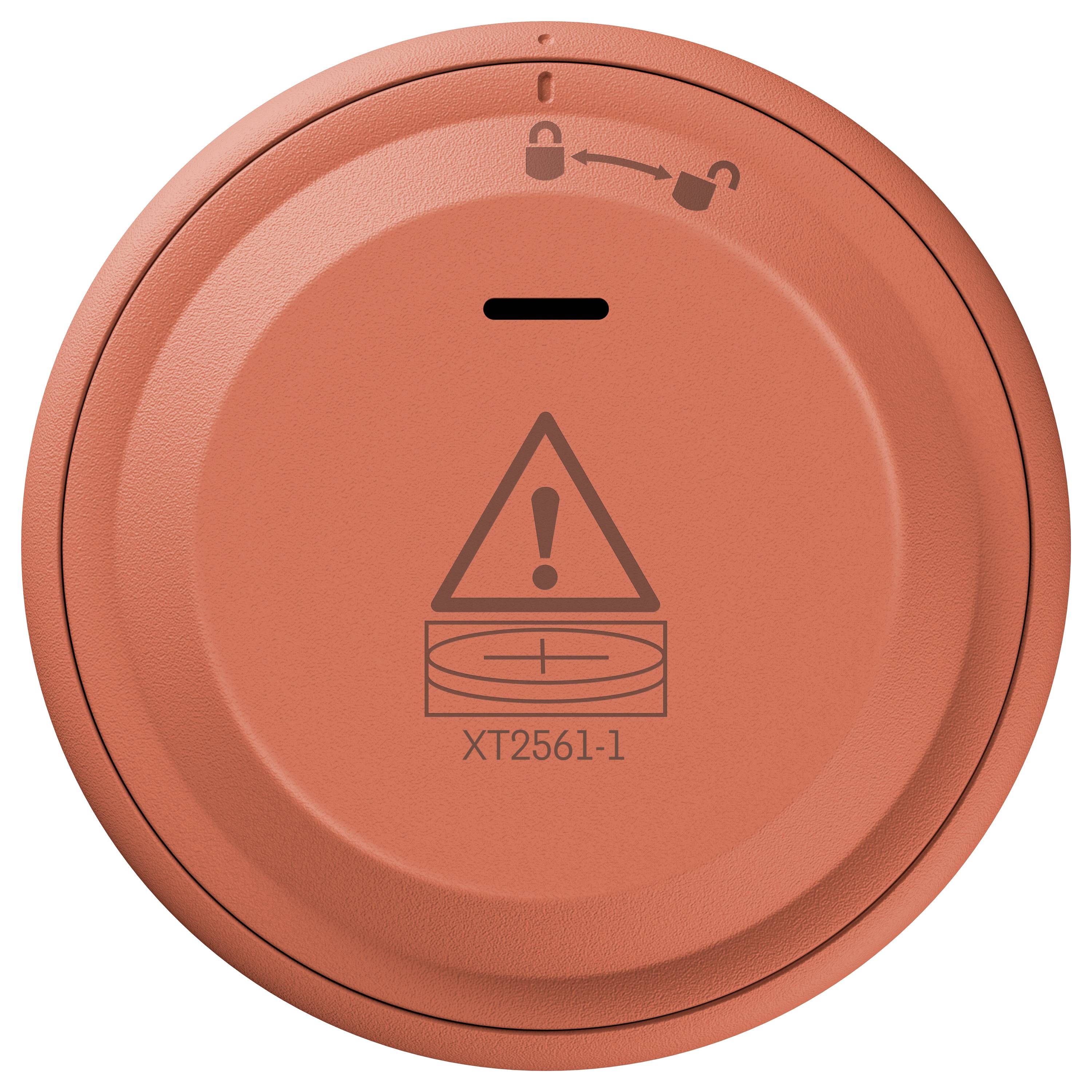 Ein runder orange Rauchmelder mit einem Warnsymbol, das die Modellnummer „XT2561-1