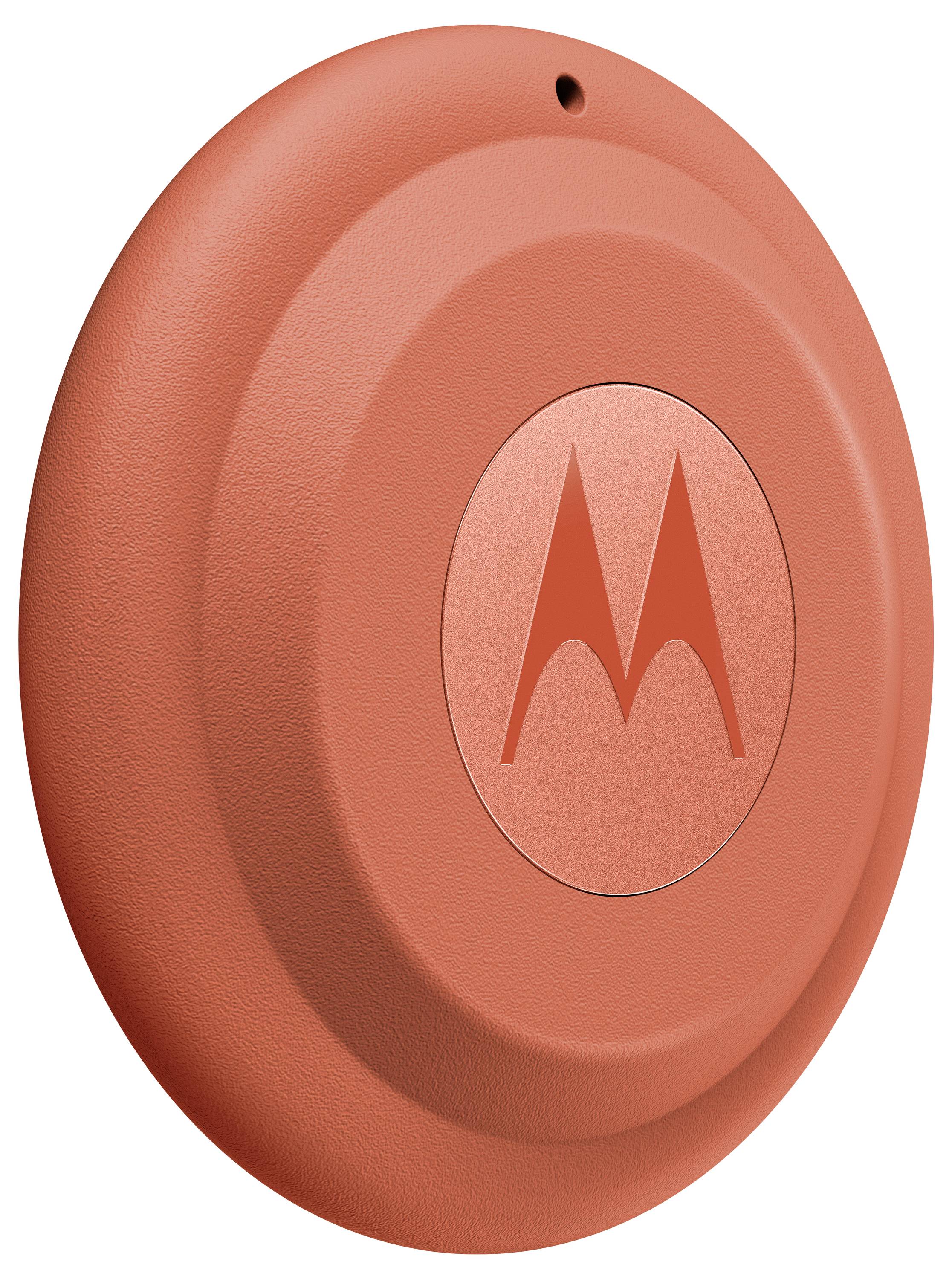 Ein kreisförmiges, rotes Motorola-Gerät mit einem zentralen Logo, möglicherweise ein technisches Gerät oder Zubehör.
