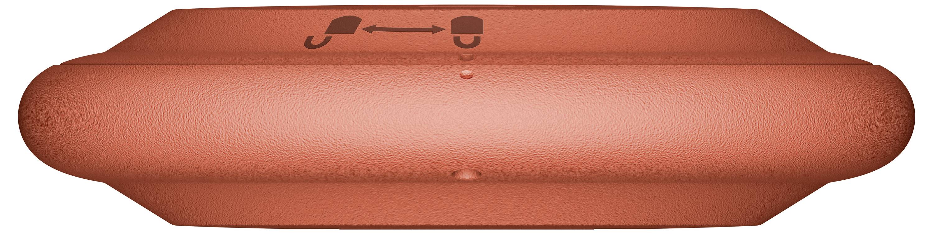 Rote, strukturierte Sicherheitskappe mit Verriegelungsmechanismus-Symbol, das mit Pfeilen und Sperrsymbolen die Öffnungs- oder Schließrichtung anzeigt.