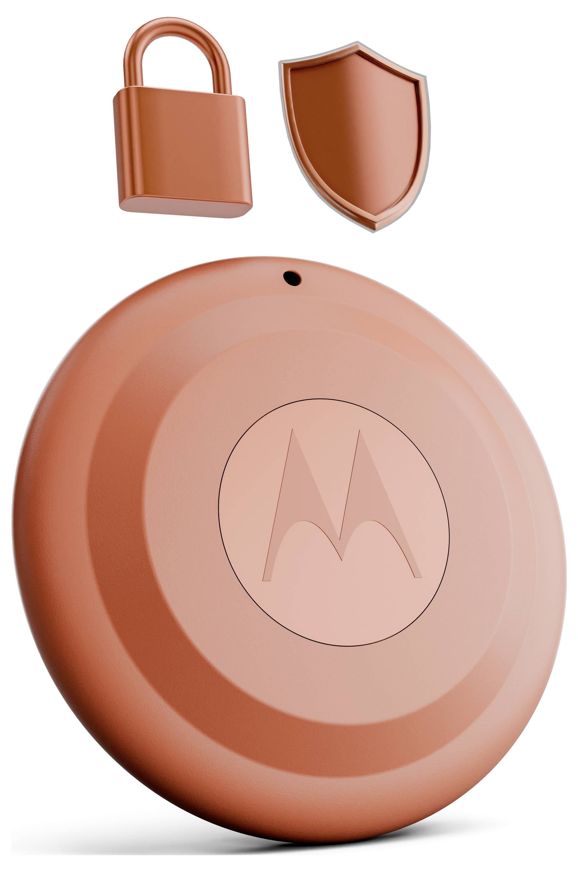 Das Bild zeigt ein orangefarbenes kreisförmiges elektronisches Gerät mit einem zentralen Logo, begleitet von einem Schild und einem Vorhängeschloss-Symbol darüber.