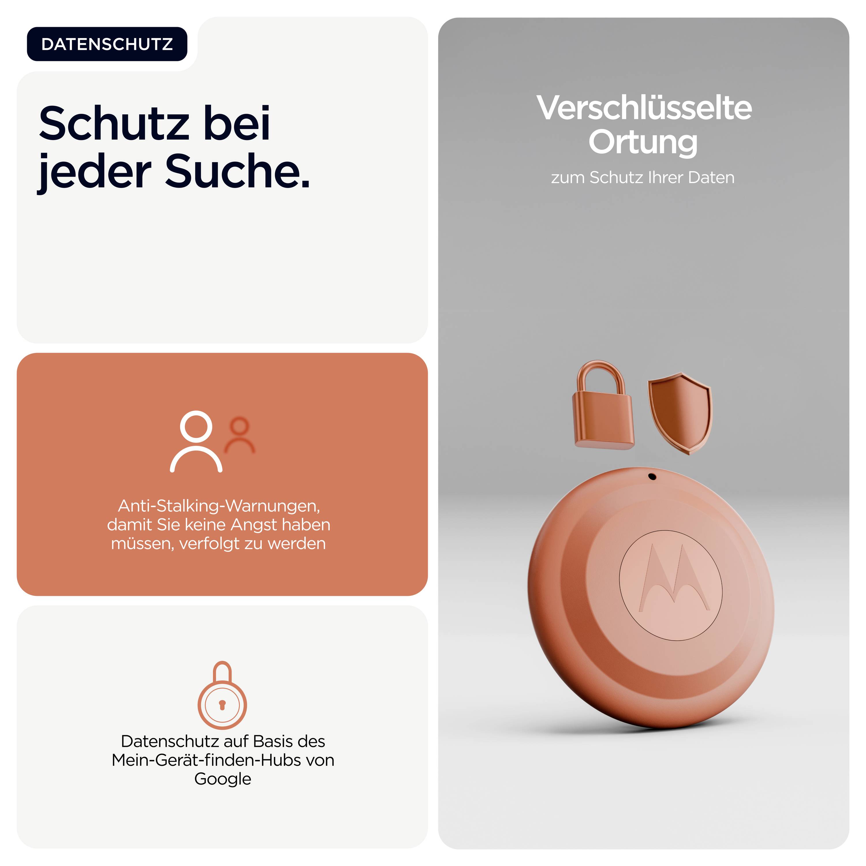 'Schutz bei jeder Suche.' Text mit einem Bild eines orangefarbenen Geräts, das einem Tracker ähnelt, einem Schlosssymbol und einem Schild. Der Text hebt Datenschutzfunktionen hervor.