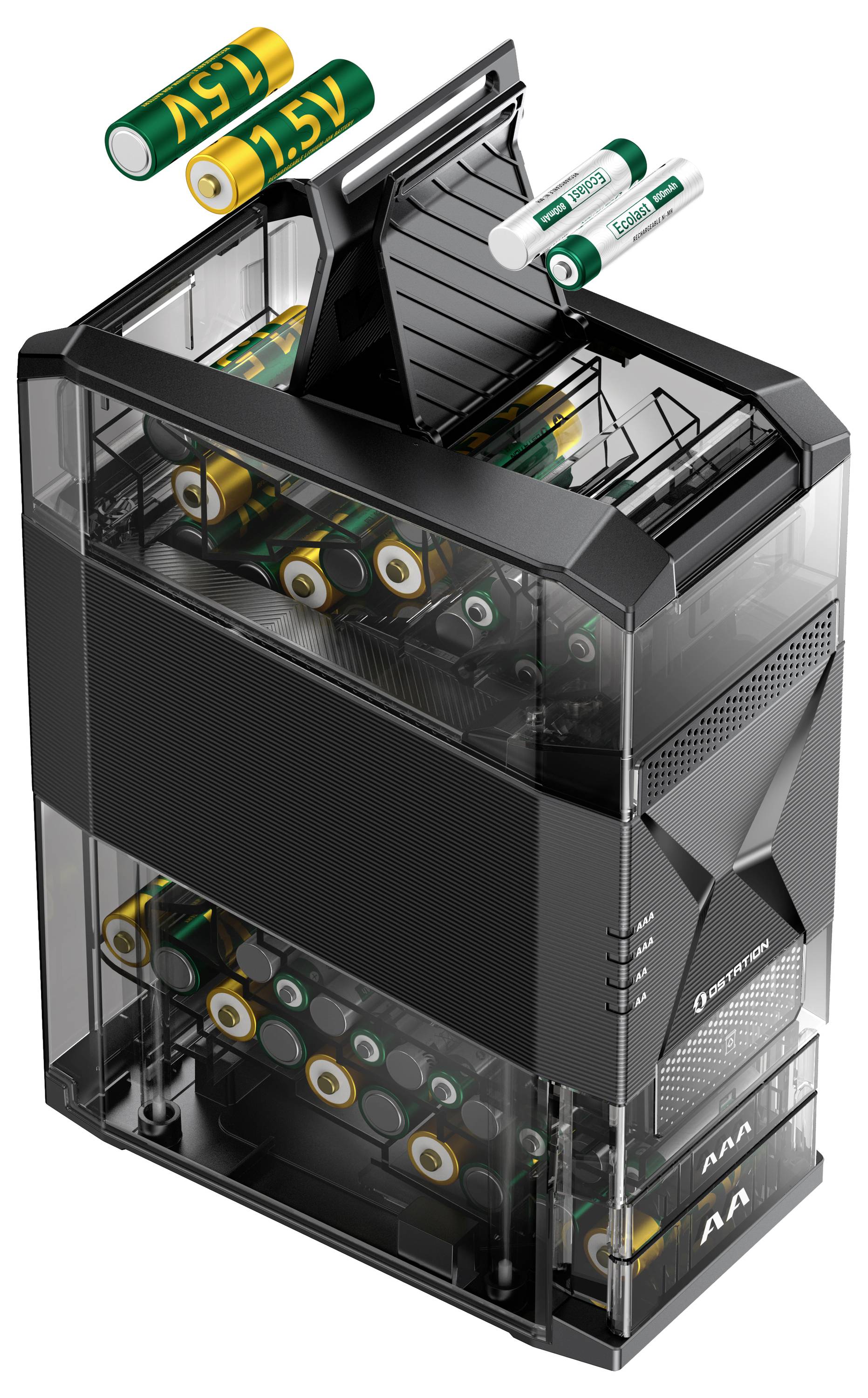 Ein vertikaler Batterie-Organizer, der verschiedene Batterietypen in unterschiedlichen Größen hält, einschließlich AA und AAA, mit einigen 1,5V-Batterien, die darüber schweben.