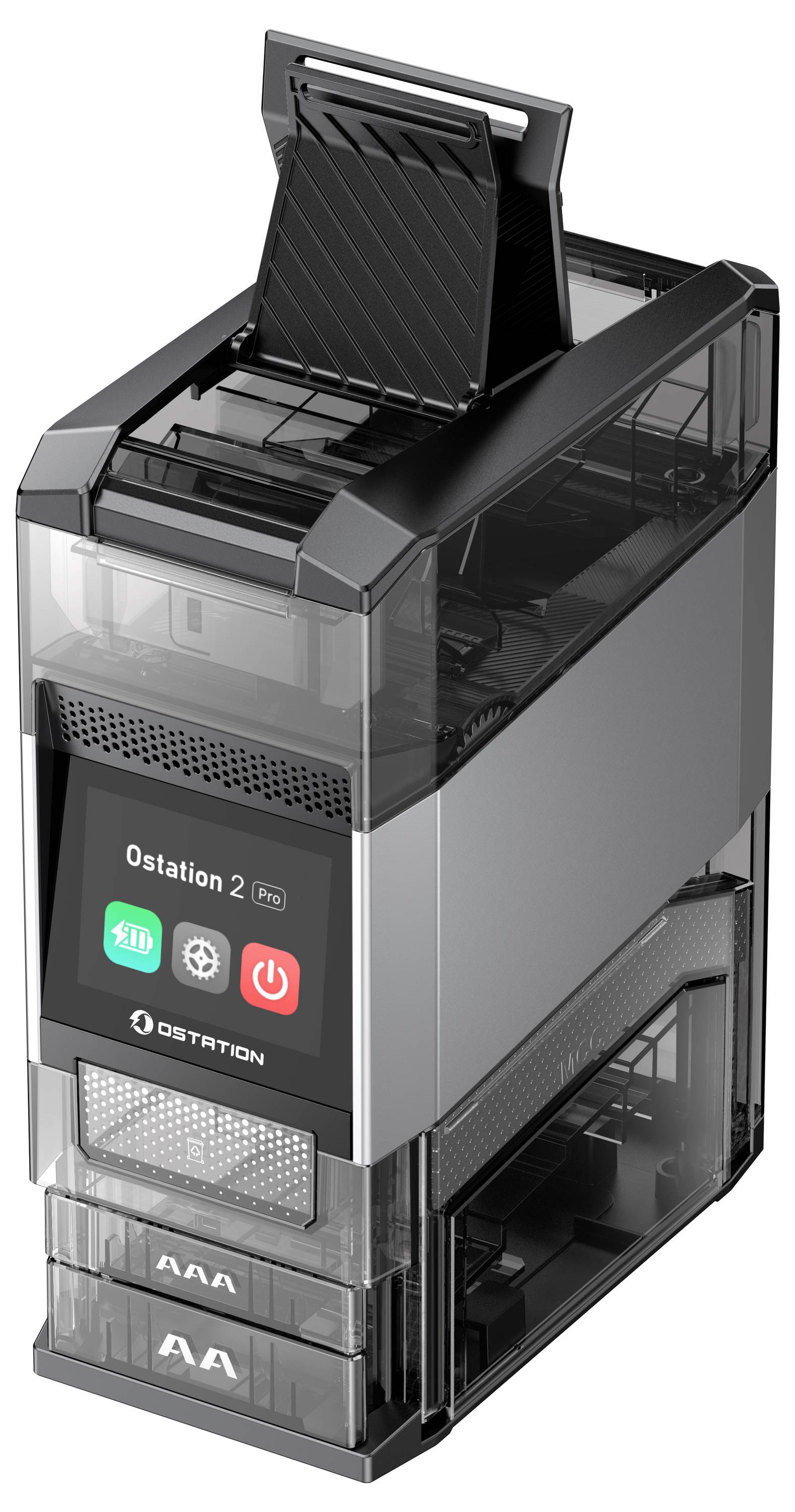 Eine 3D-Darstellung eines vertikalen, transparenten elektronischen Geräts mit einem Display, das Schaltflächen und Statusanzeigen zeigt.