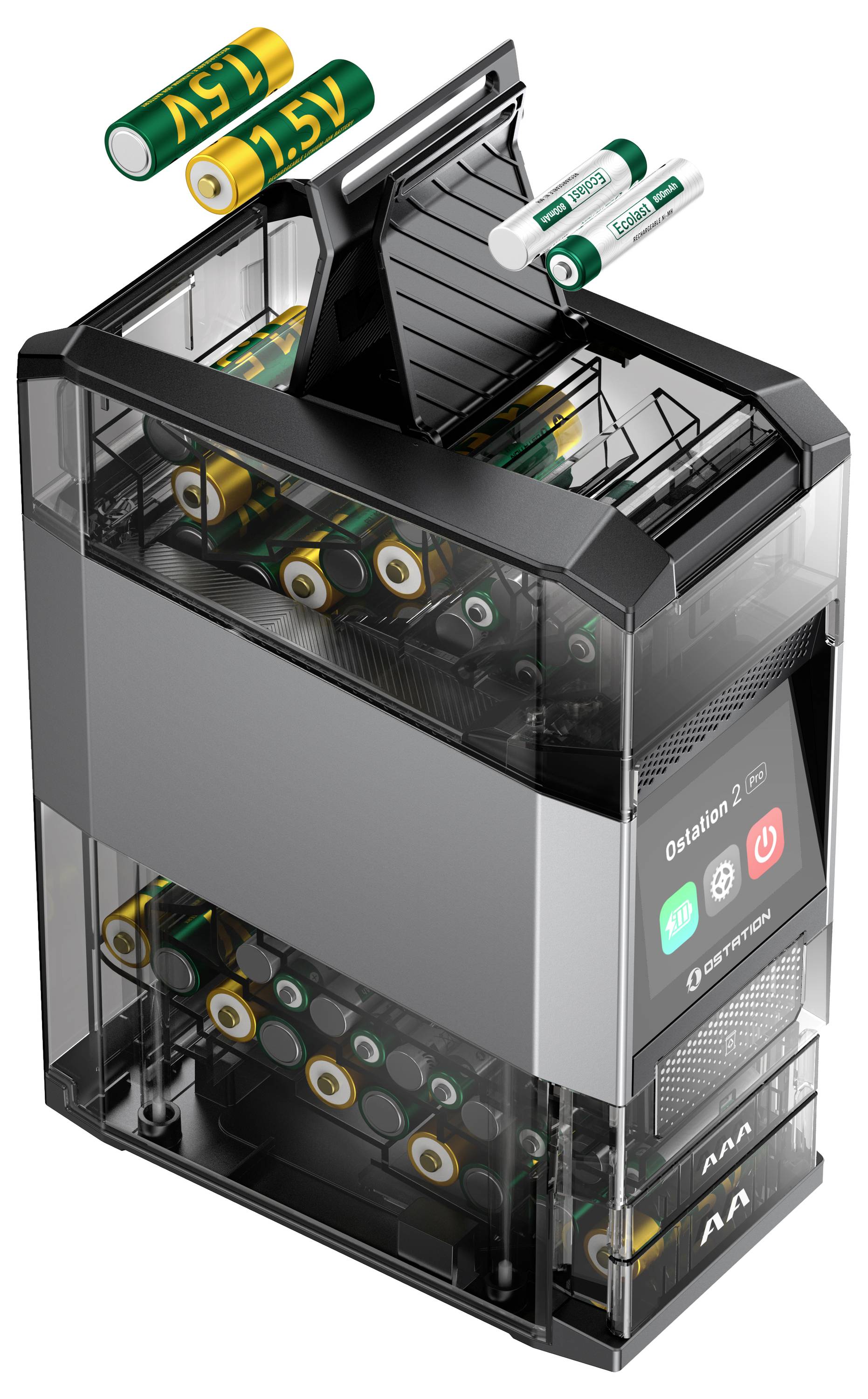 Batterieladegerät, das mehrere AA- und AAA-Batterien hält, mit zwei Batterien, die oben schweben. Knöpfe und Indikatoren sind auf der Vorderseite sichtbar.