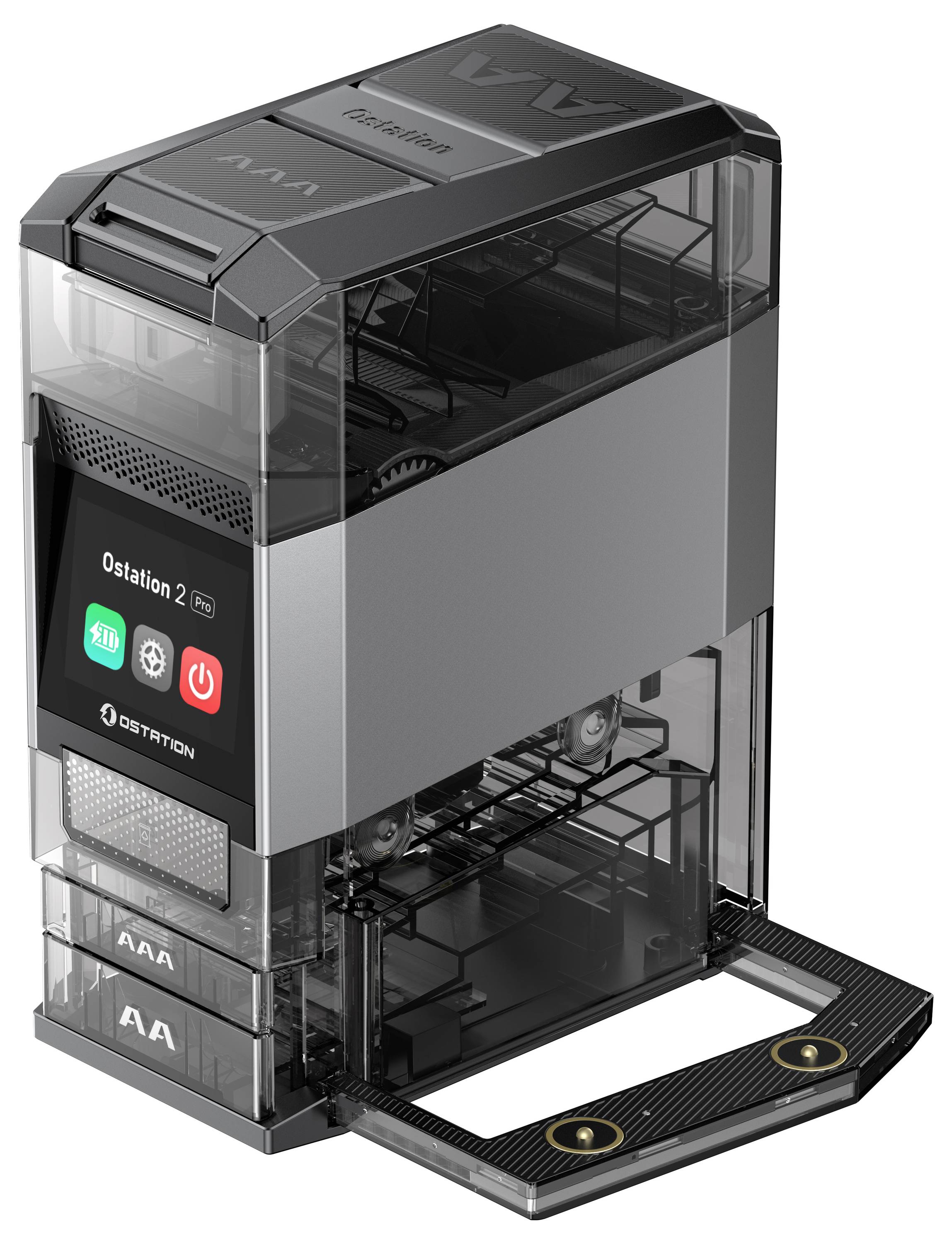 Ein modernes, transparentes Computergehäuse mit sichtbaren internen Fachern und elektronischen Komponenten. Das Design ist elegant und minimalistisch.