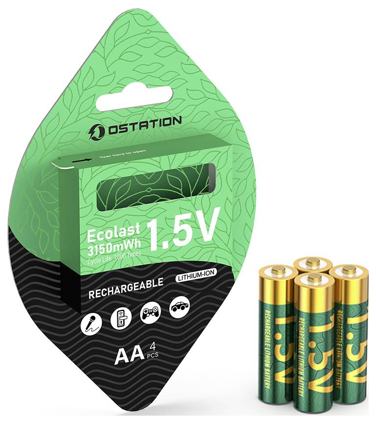 Wiederaufladbare Lithium-Ionen-AA-Batterien, 1,5V, 3150mWh. 4er-Pack von Ostation.