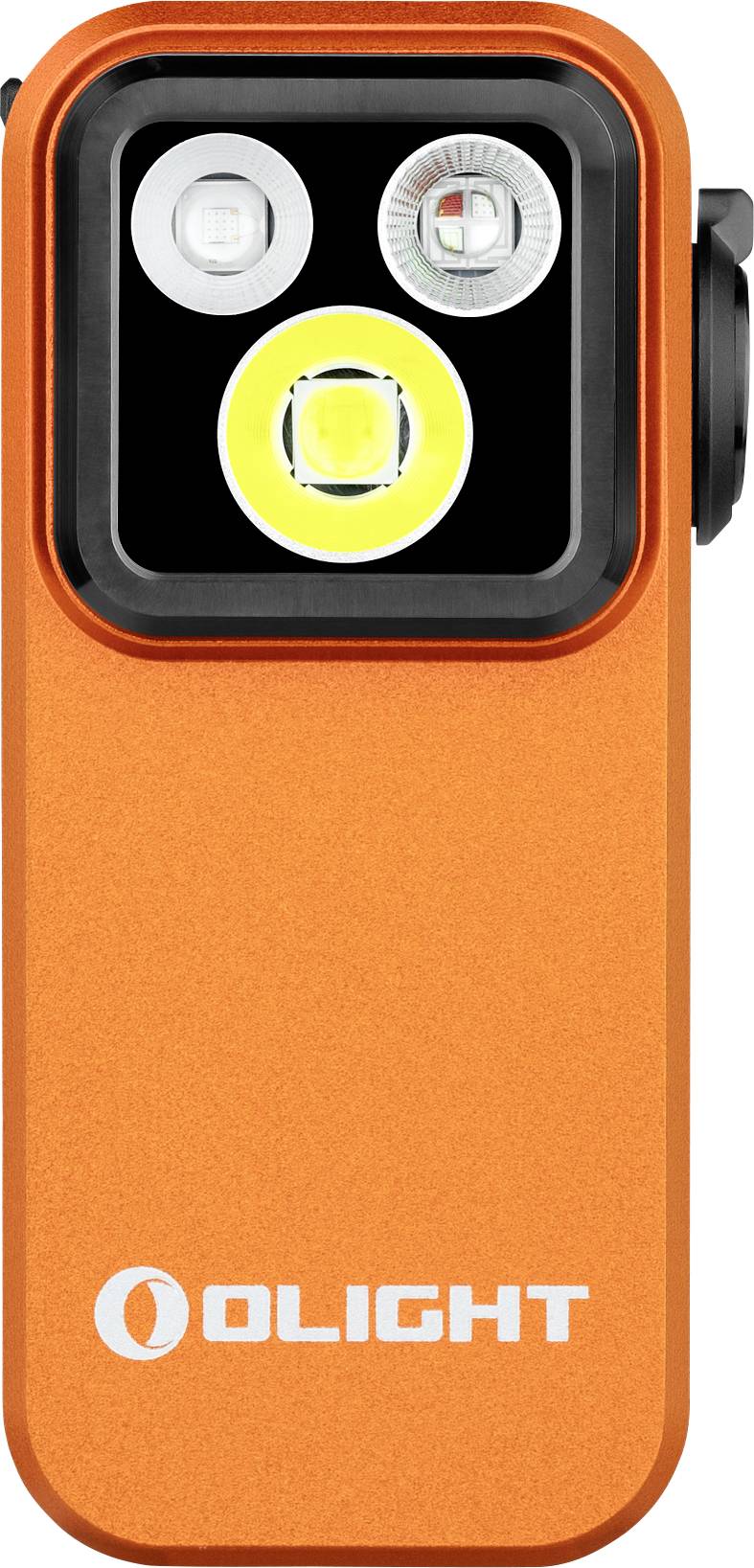 Eine orange tragbare Taschenlampe mit mehreren LED-Leuchten oben. Der Markenname 