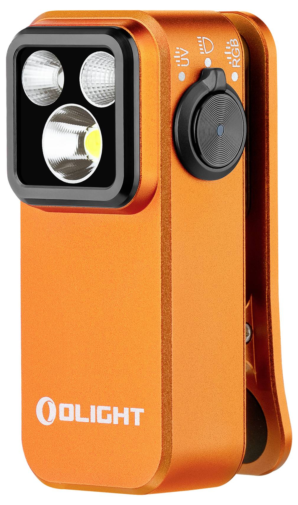 Eine orange tragbare Taschenlampe mit zwei LED-Linsen, Ein-/Ausschalter, mit der Bezeichnung 